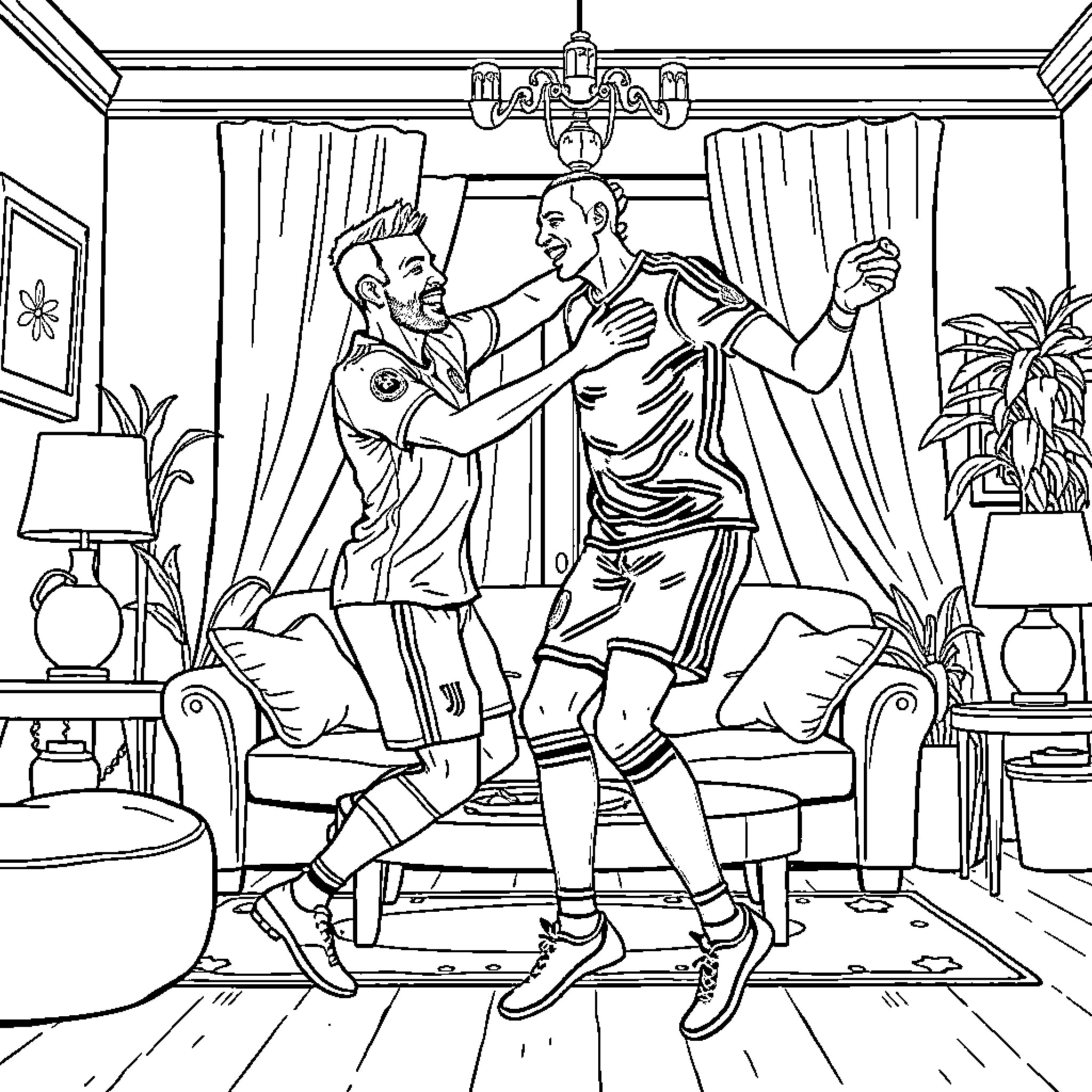 Neymar Celebrating with Teammate in Luxurious Living Room Coloring Page (free black-and-white line drawing printable PDF for all, from beginners to advanced learners, including children, teens, adults, and seniors)