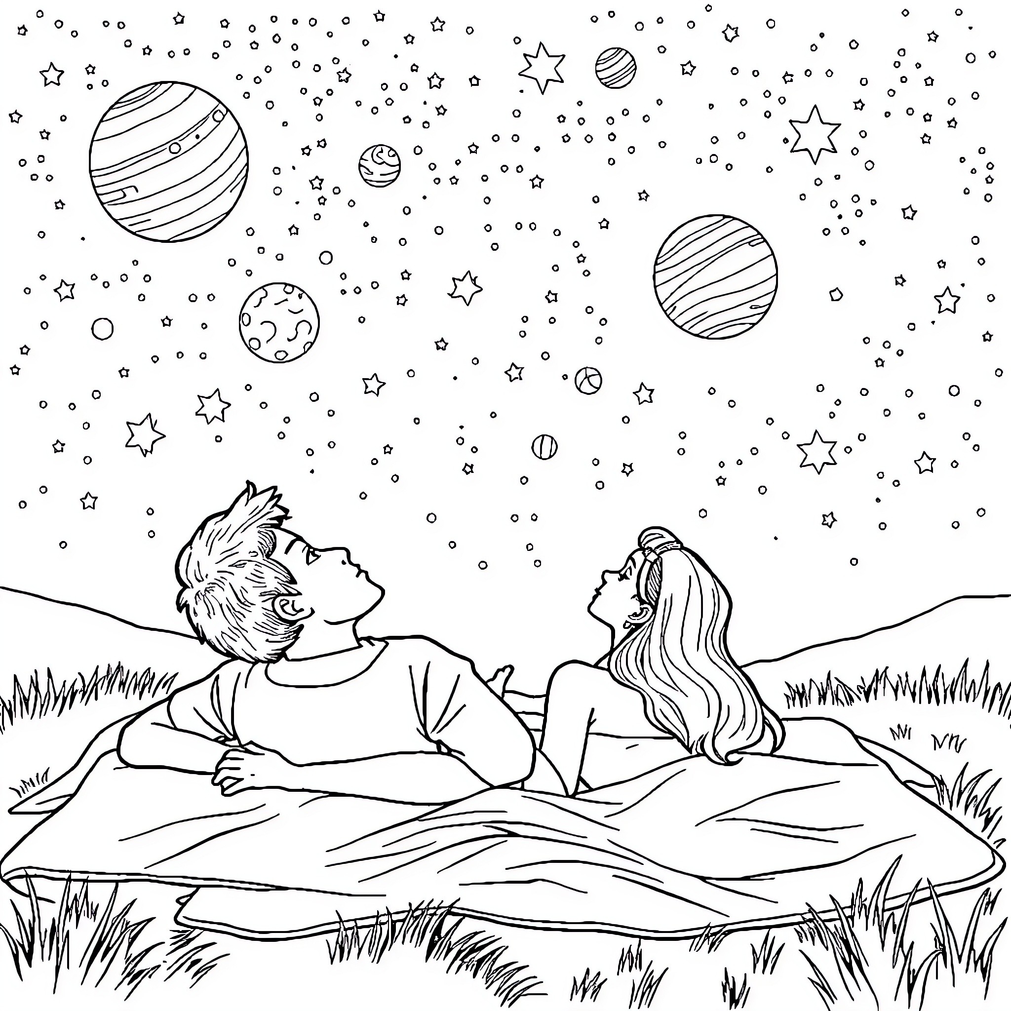 Man and Woman Gazing at Stars in Night Sky Coloring Page (free black-and-white line drawing printable PDF for all, from beginners to advanced learners, including children, teens, adults, and seniors)