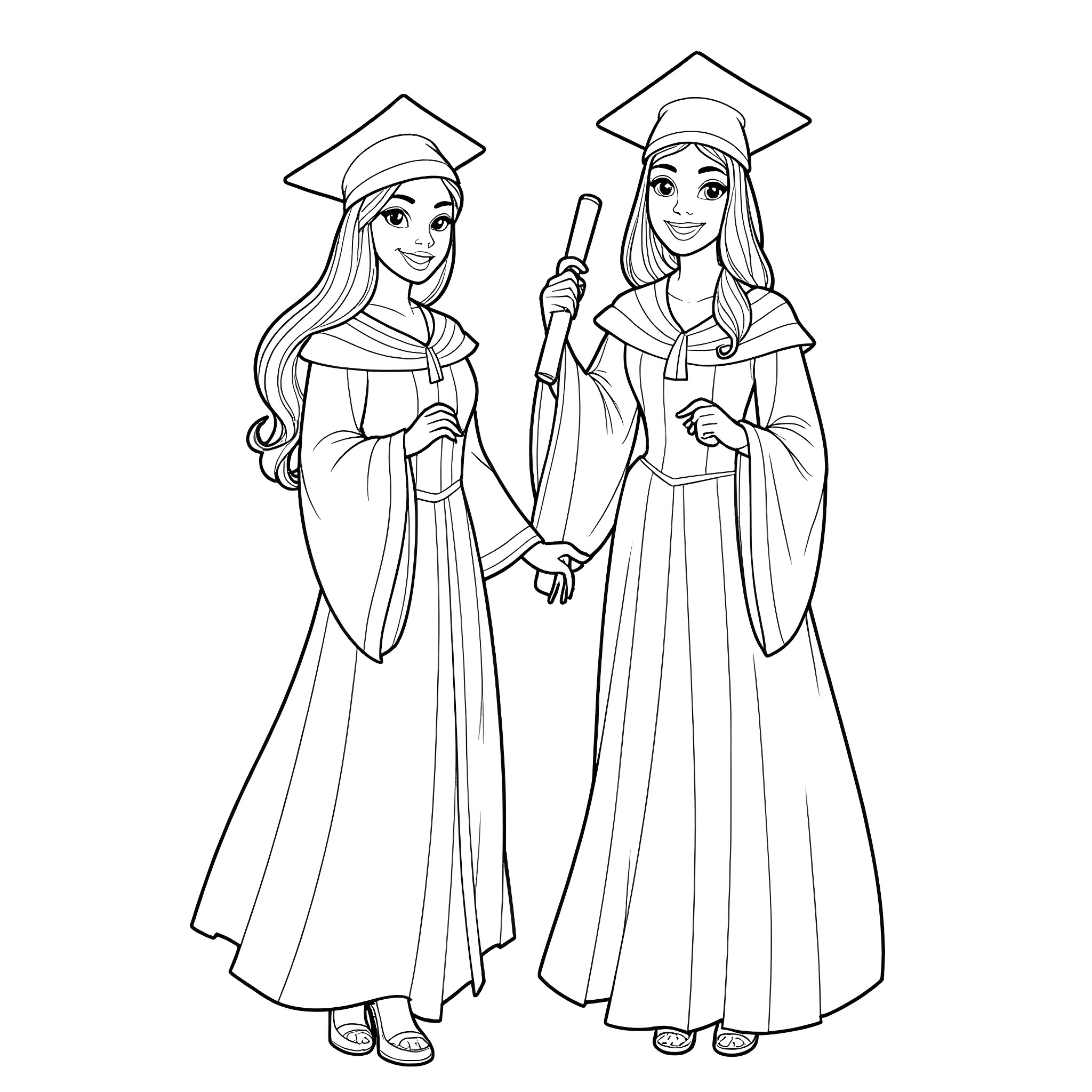 Disney Princess Graduates Proudly in Ceremony Coloring Page (free black-and-white line drawing printable PDF for all, from beginners to advanced learners, including children, teens, adults, and seniors)