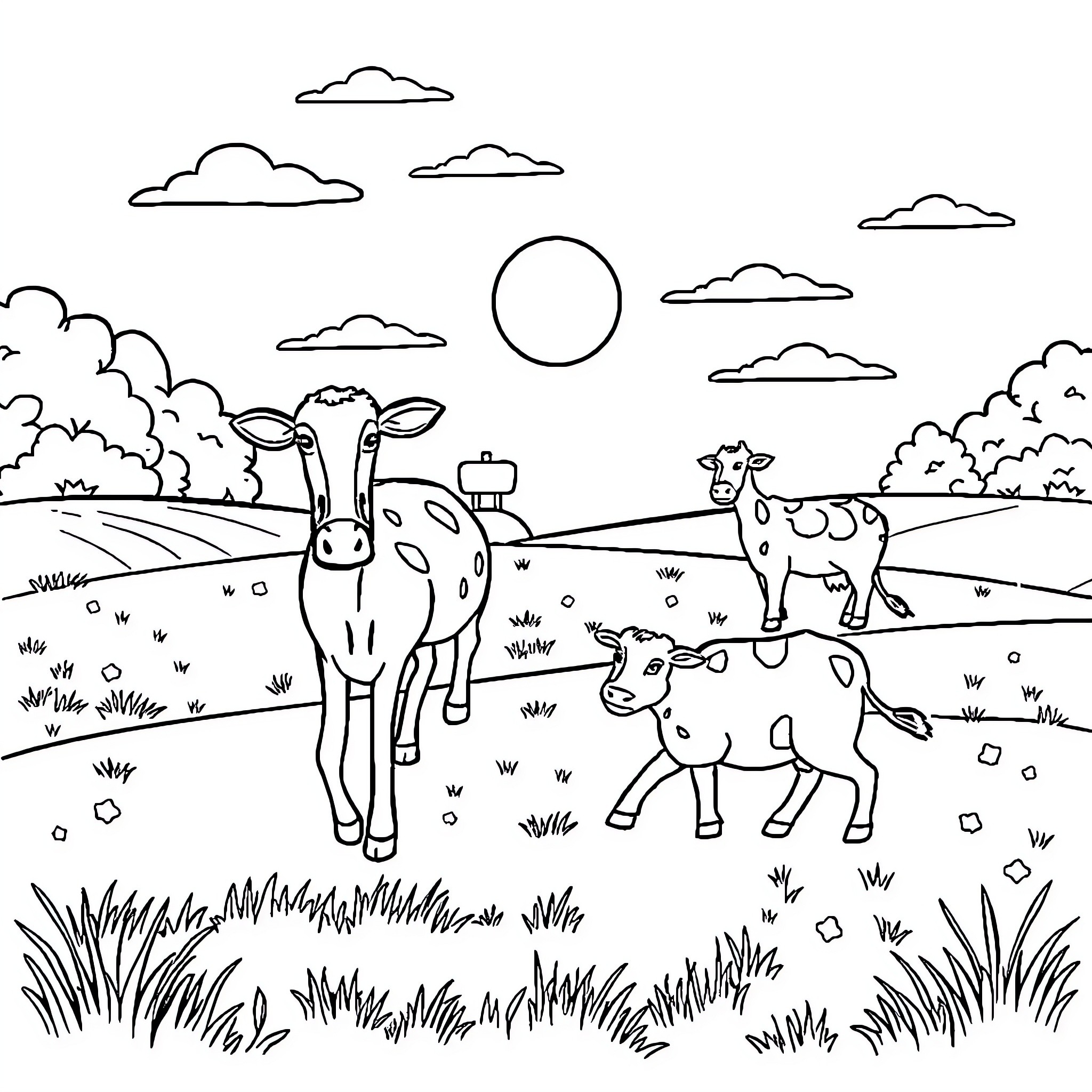 Farm Animals in a Peaceful Countryside Scene Coloring Page (free black-and-white line drawing printable PDF for all, from beginners to advanced learners, including children, teens, adults, and seniors)