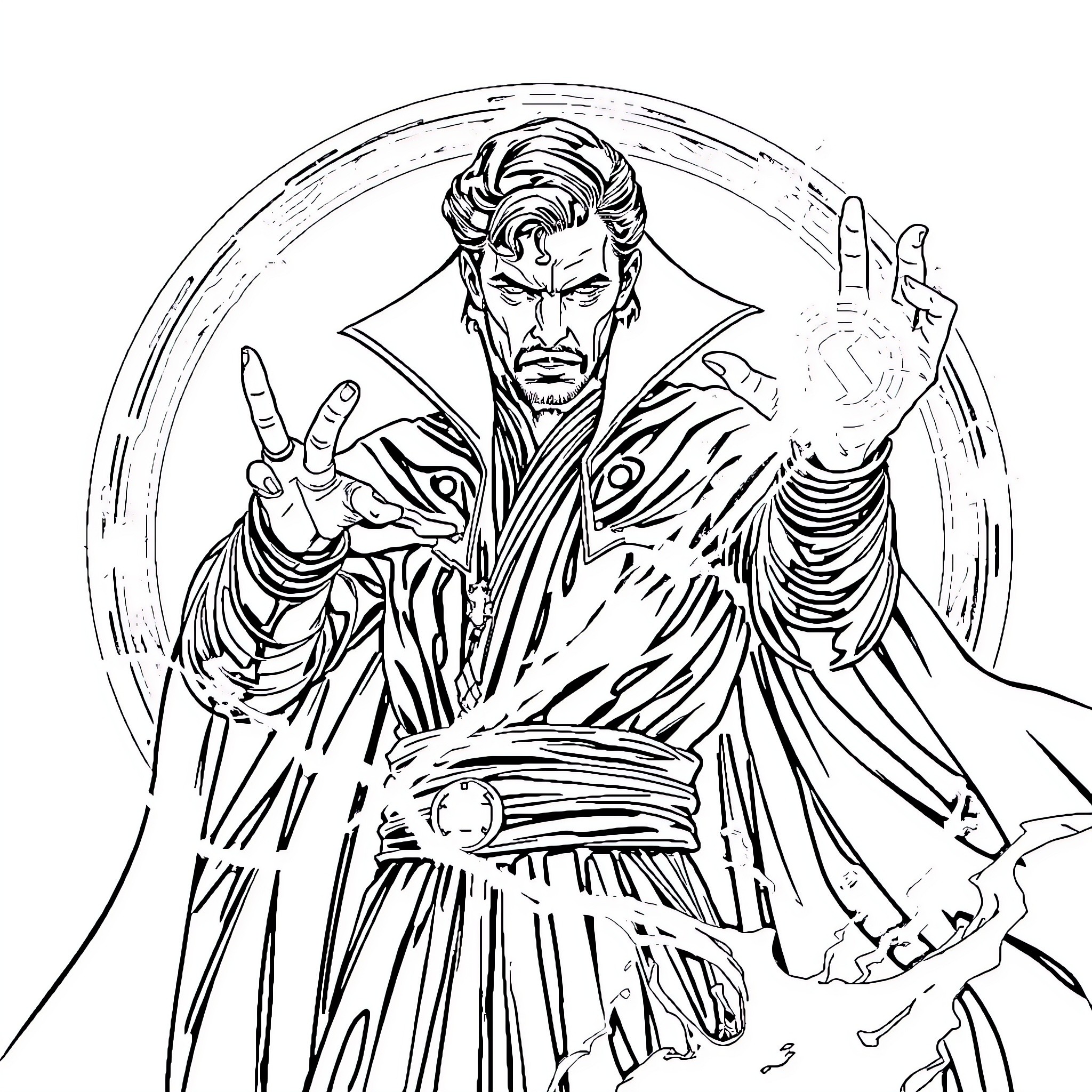 Doctor Strange casting a powerful spell in mystical garb Coloring Page (free black-and-white line drawing printable PDF for all, from beginners to advanced learners, including children, teens, adults, and seniors)