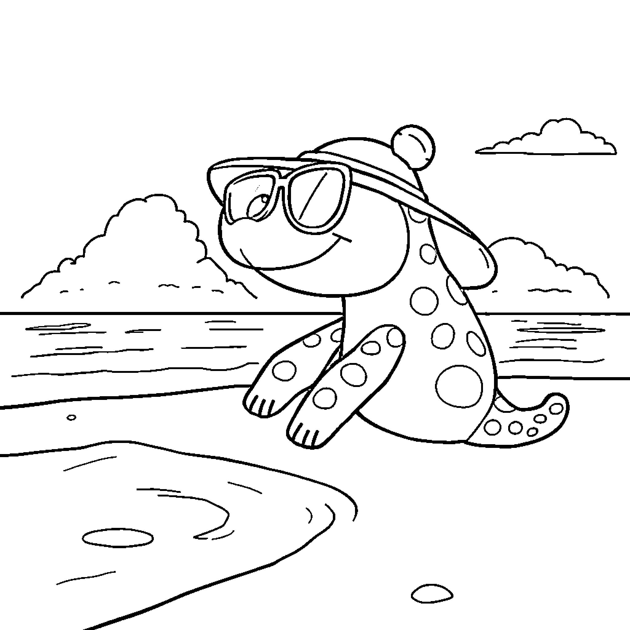 Kiffer enjoying a day at the beach Coloring Page (free black-and-white line drawing printable PDF for all, from beginners to advanced learners, including children, teens, adults, and seniors)