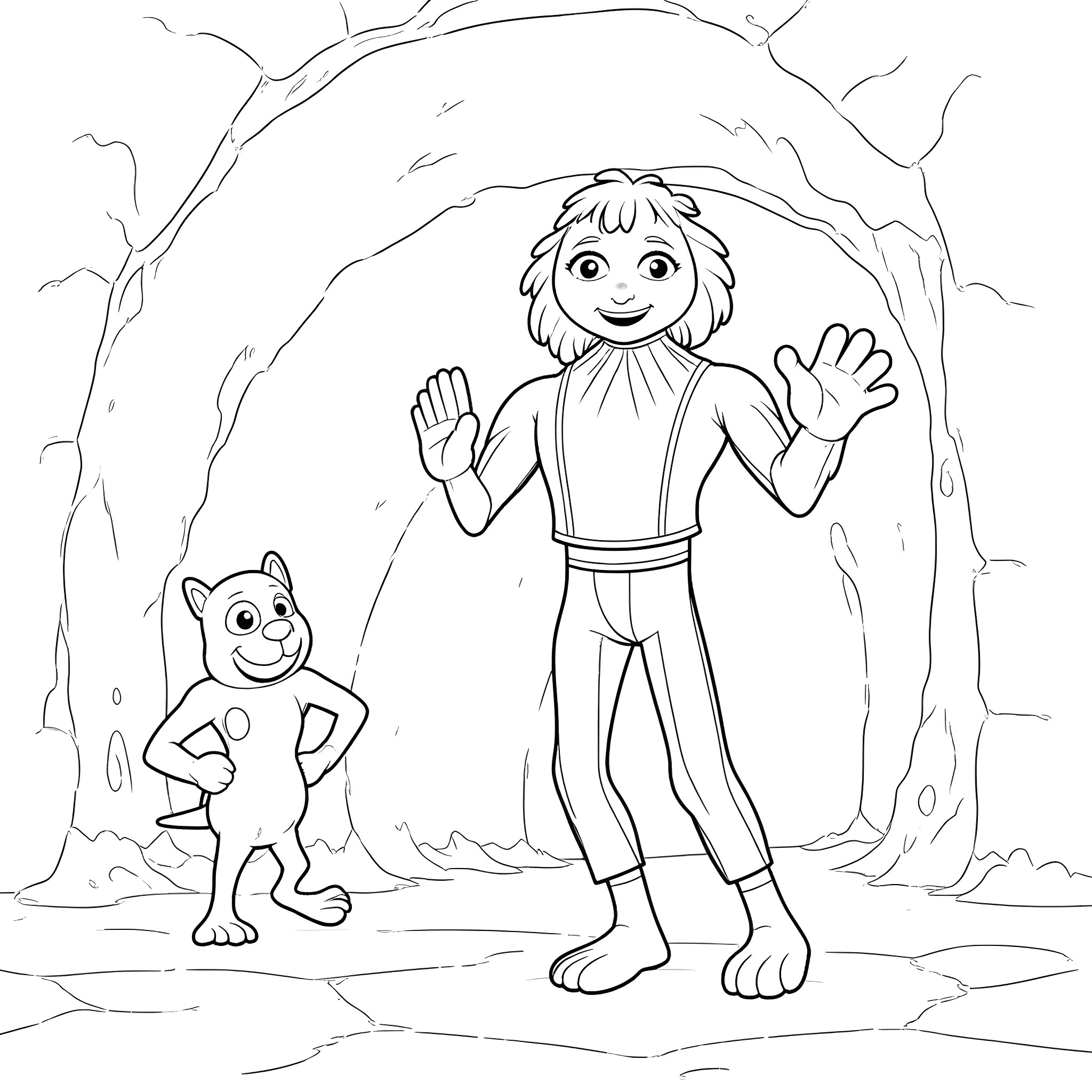 Kobold friends exploring the enchanted forest Coloring Page (free black-and-white line drawing printable PDF for all, from beginners to advanced learners, including children, teens, adults, and seniors)