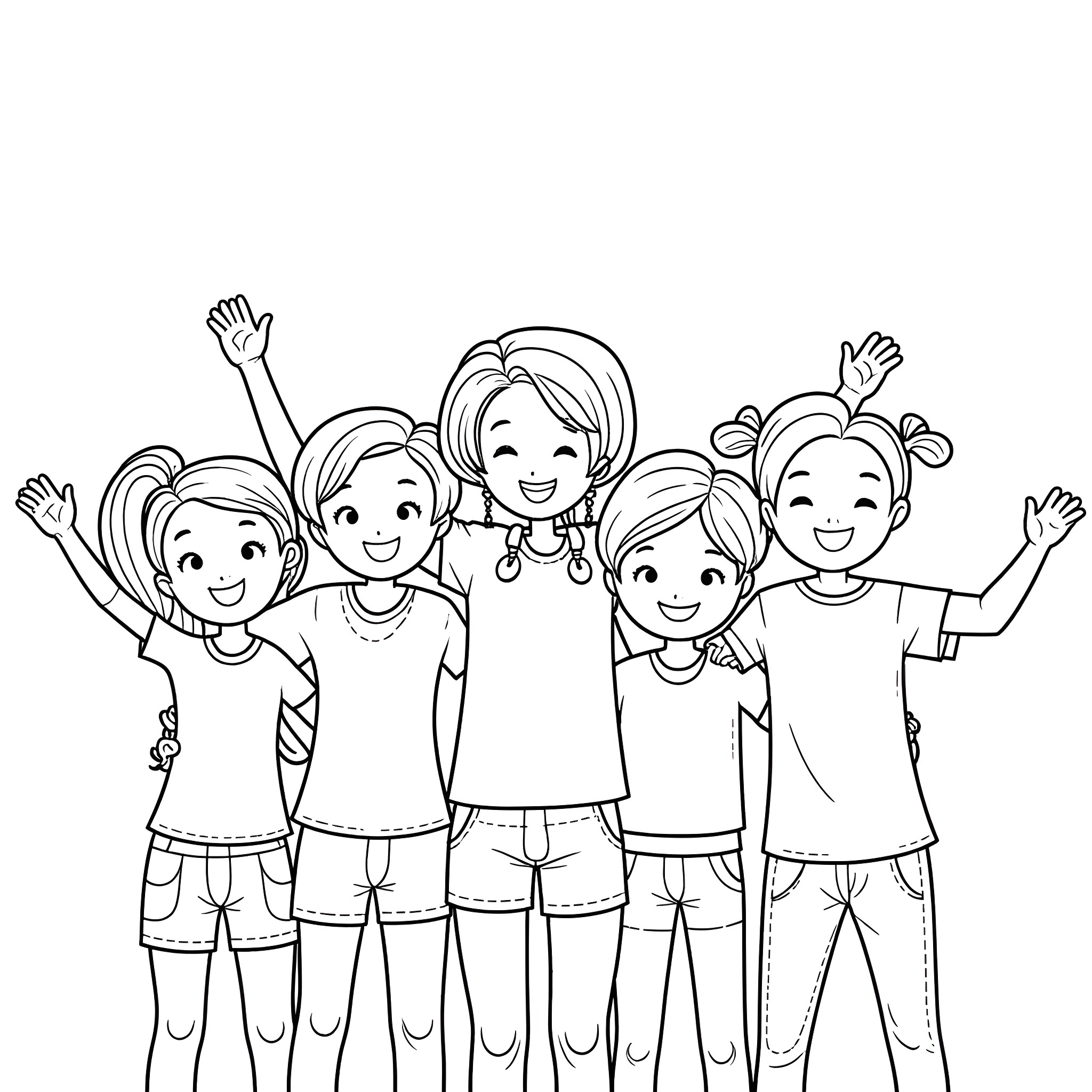 5th Graders celebrating and waving happily Coloring Page (free black-and-white line drawing printable PDF for all, from beginners to advanced learners, including children, teens, adults, and seniors)