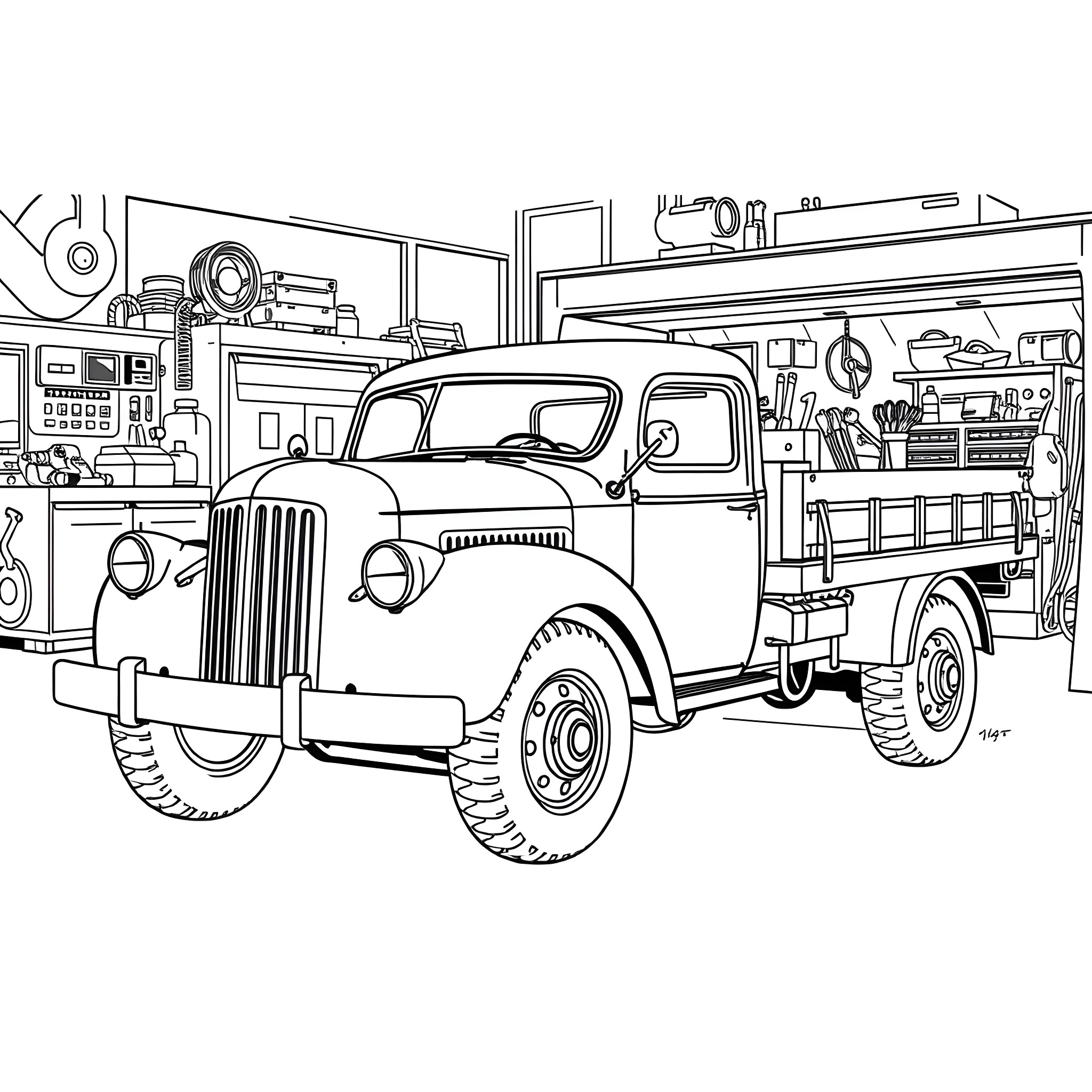 Truck in a Garage Workshop Coloring Page (free black-and-white line drawing printable PDF for all, from beginners to advanced learners, including children, teens, adults, and seniors)