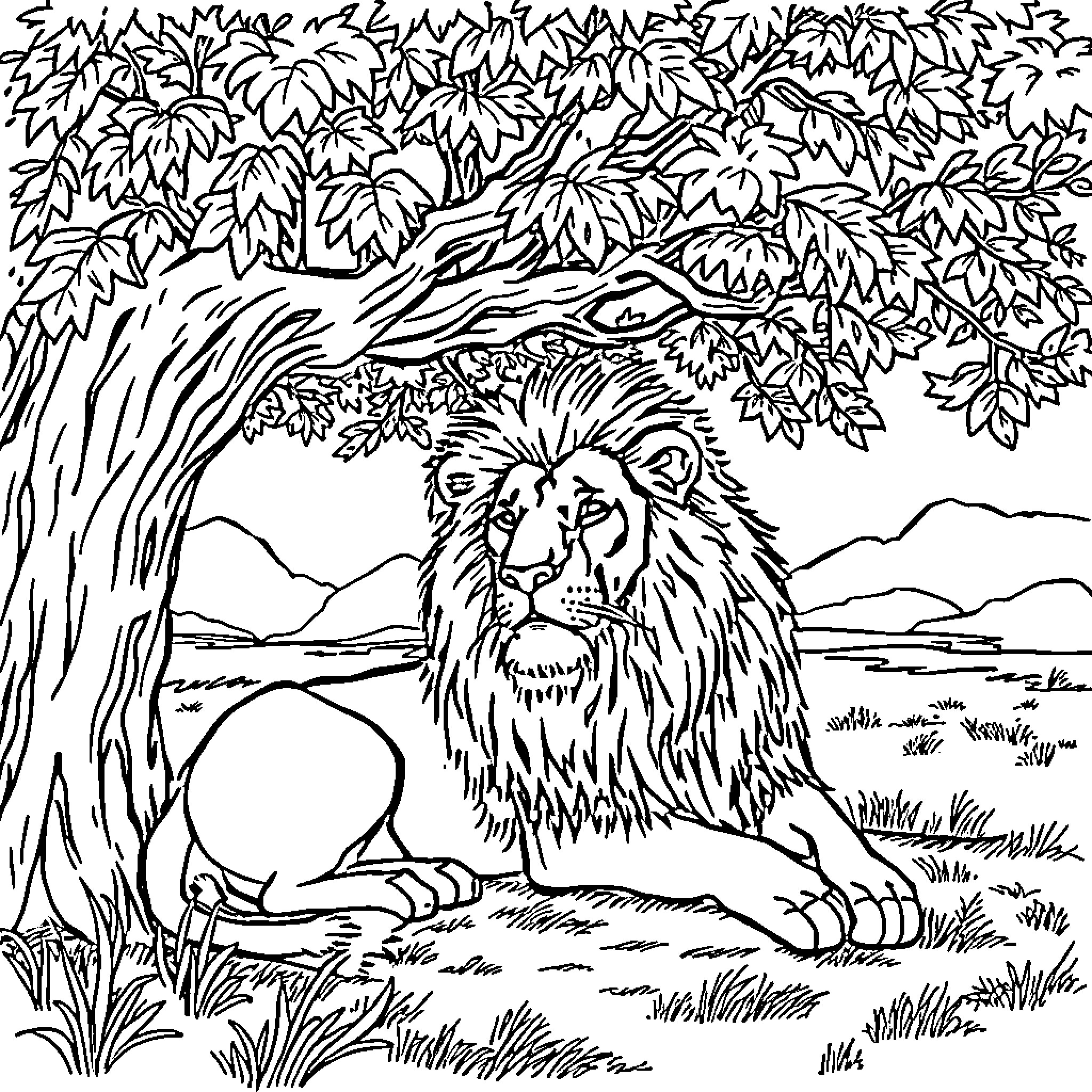 Lion resting under a shady tree Coloring Page (free black-and-white line drawing printable PDF for all, from beginners to advanced learners, including children, teens, adults, and seniors)