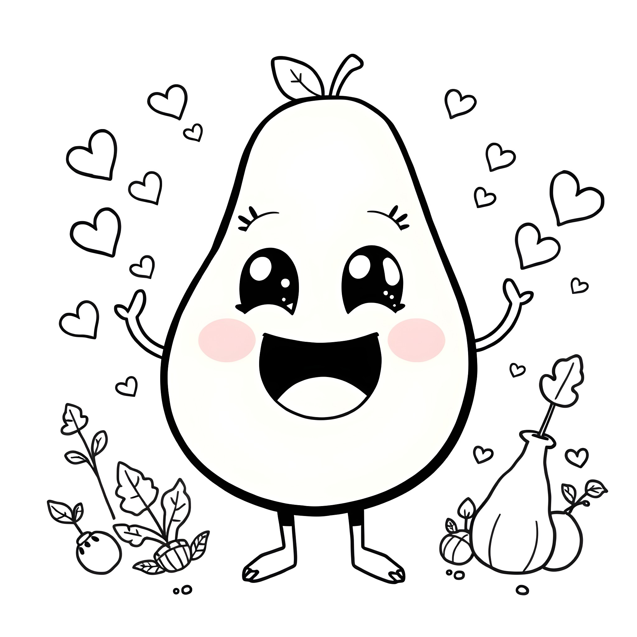 Avocado character smiling with hearts Coloring Page (free black-and-white line drawing printable PDF for all, from beginners to advanced learners, including children, teens, adults, and seniors)