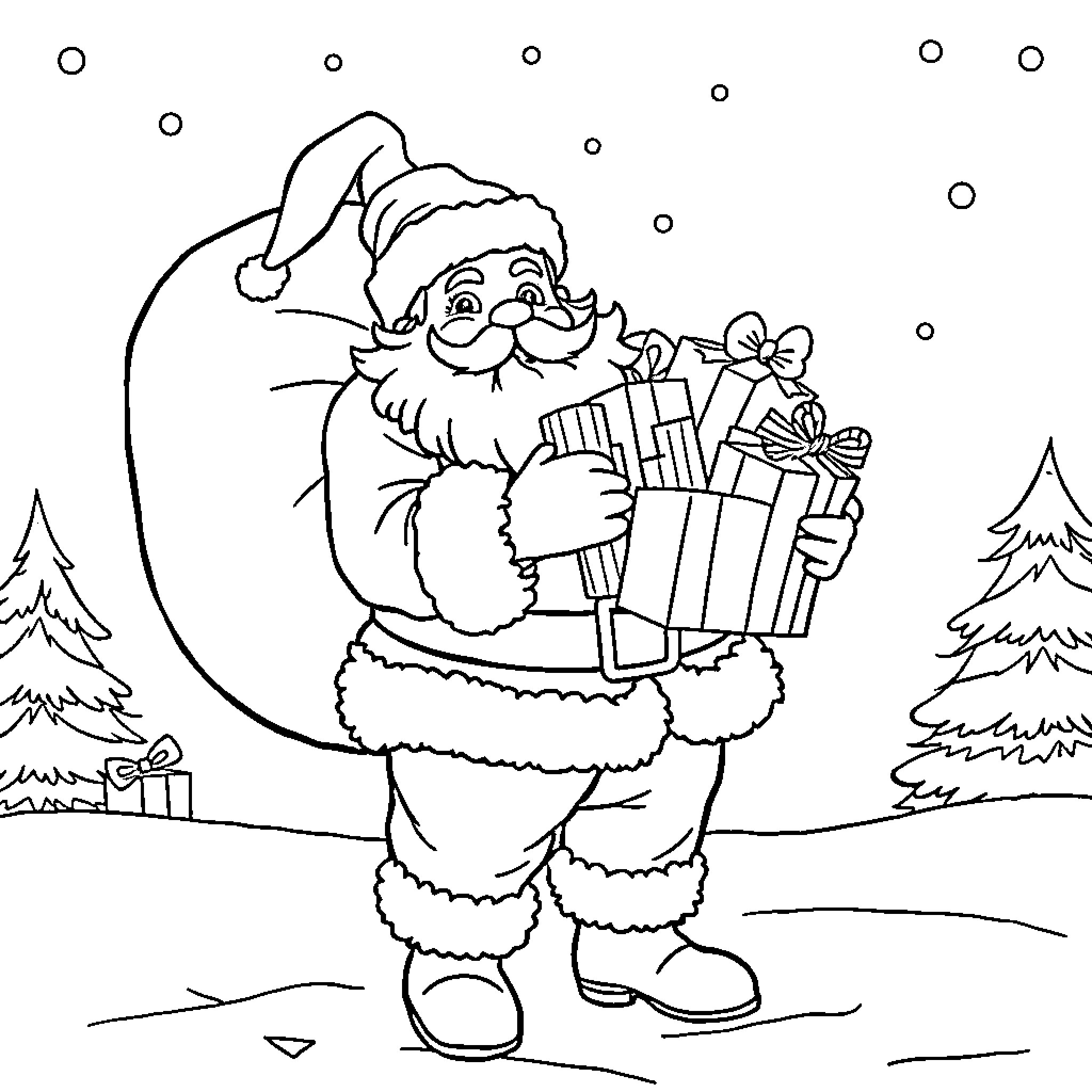 Santa Claus carrying presents in the snowy winter landscape Coloring Page (free black-and-white line drawing printable PDF for all, from beginners to advanced learners, including children, teens, adults, and seniors)