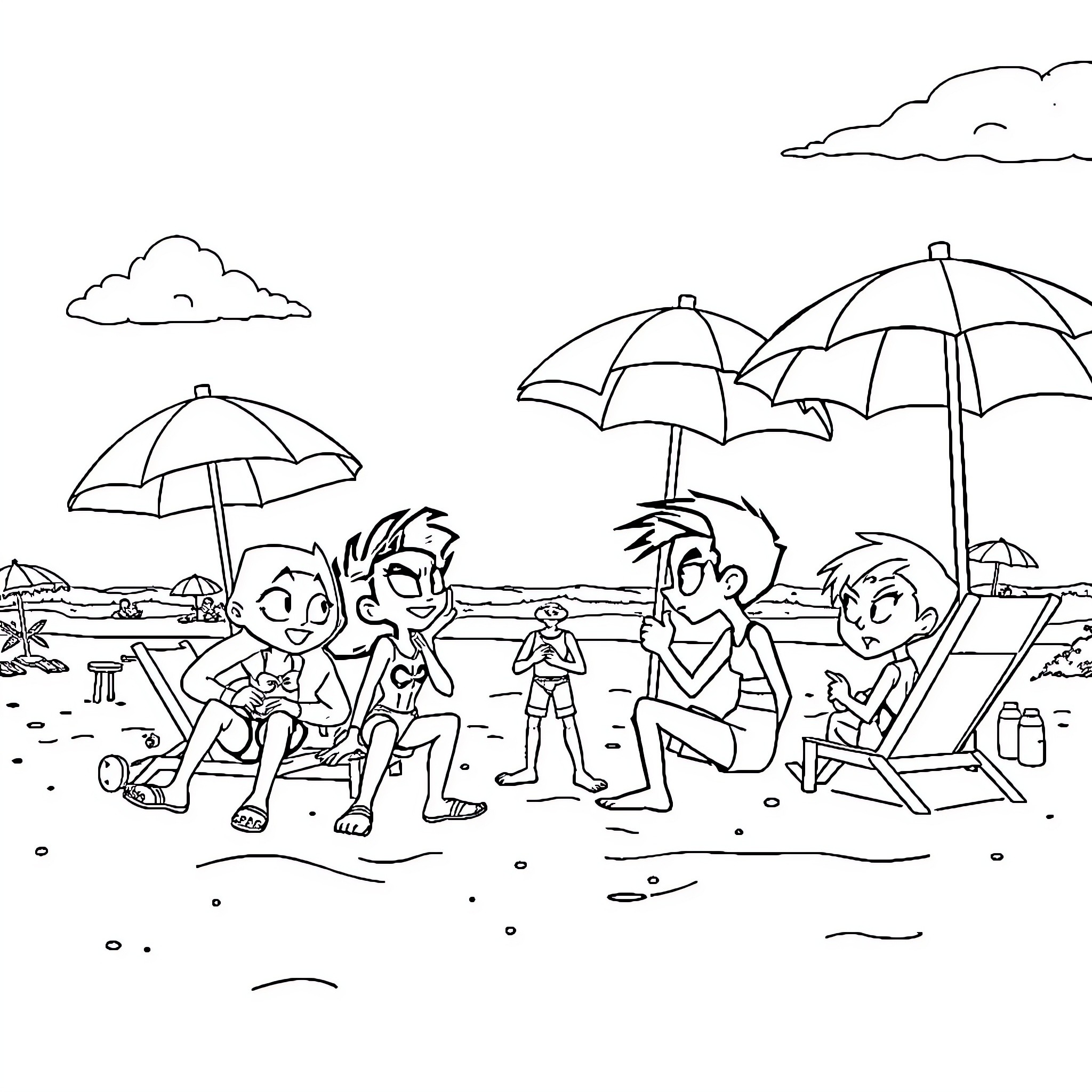 Teen Titans Enjoy a Day at the Beach Coloring Page (free black-and-white line drawing printable PDF for all, from beginners to advanced learners, including children, teens, adults, and seniors)