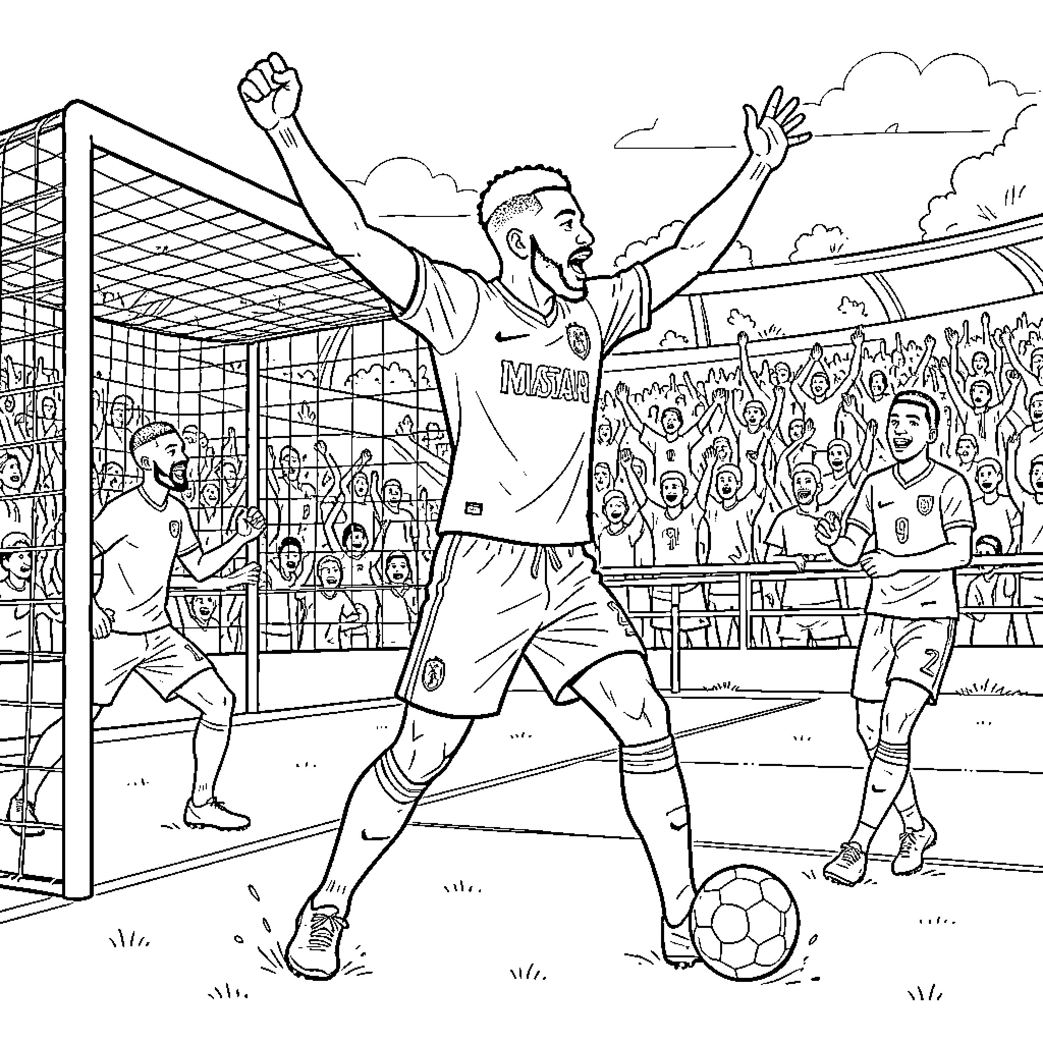 Mbappe celebrating a goal in a crowded stadium Coloring Page (free black-and-white line drawing printable PDF for all, from beginners to advanced learners, including children, teens, adults, and seniors)