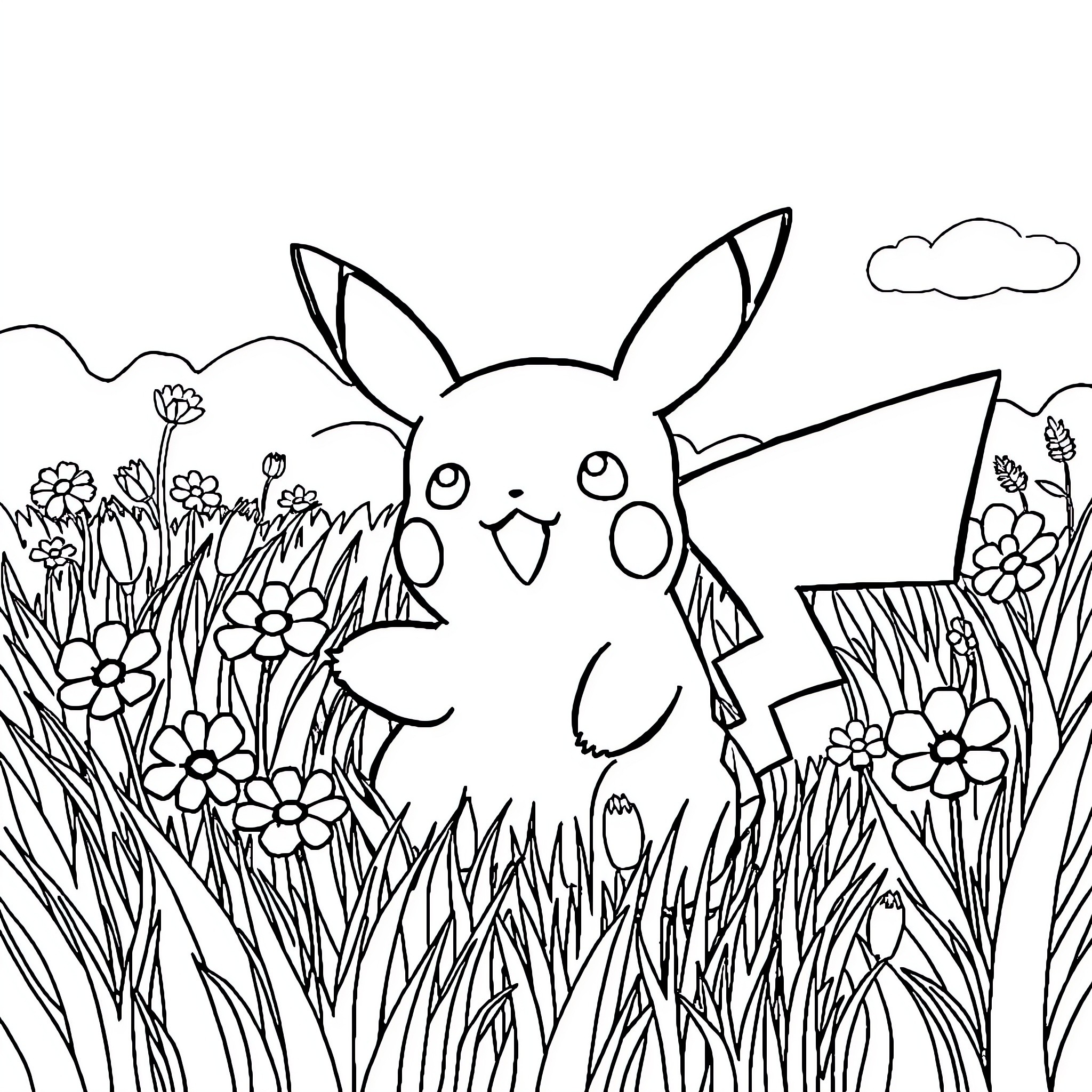 Pikachu sitting in a flowery meadow Coloring Page (free black-and-white line drawing printable PDF for all, from beginners to advanced learners, including children, teens, adults, and seniors)