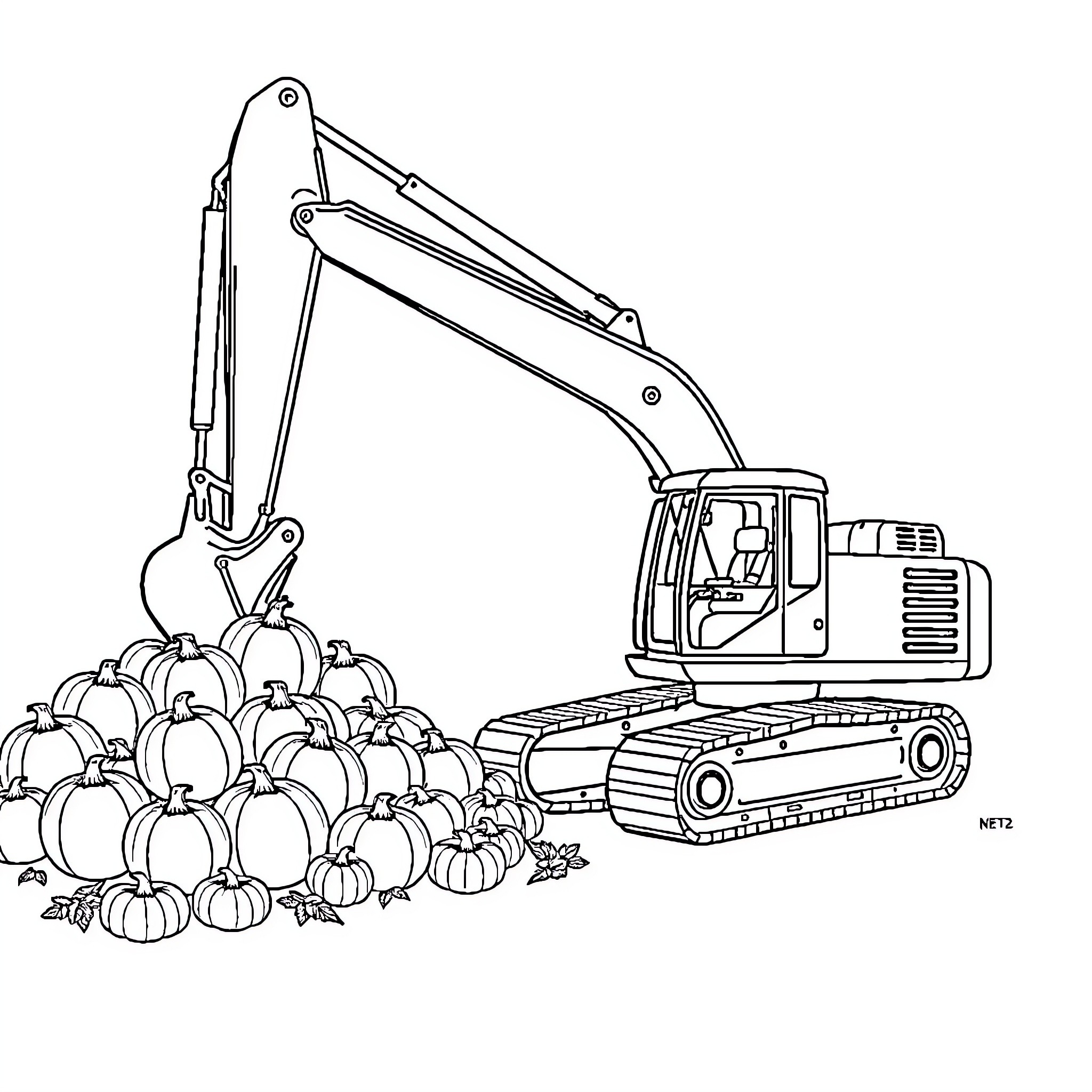 Excavator lifting and moving pumpkins Coloring Page (free black-and-white line drawing printable PDF for all, from beginners to advanced learners, including children, teens, adults, and seniors)