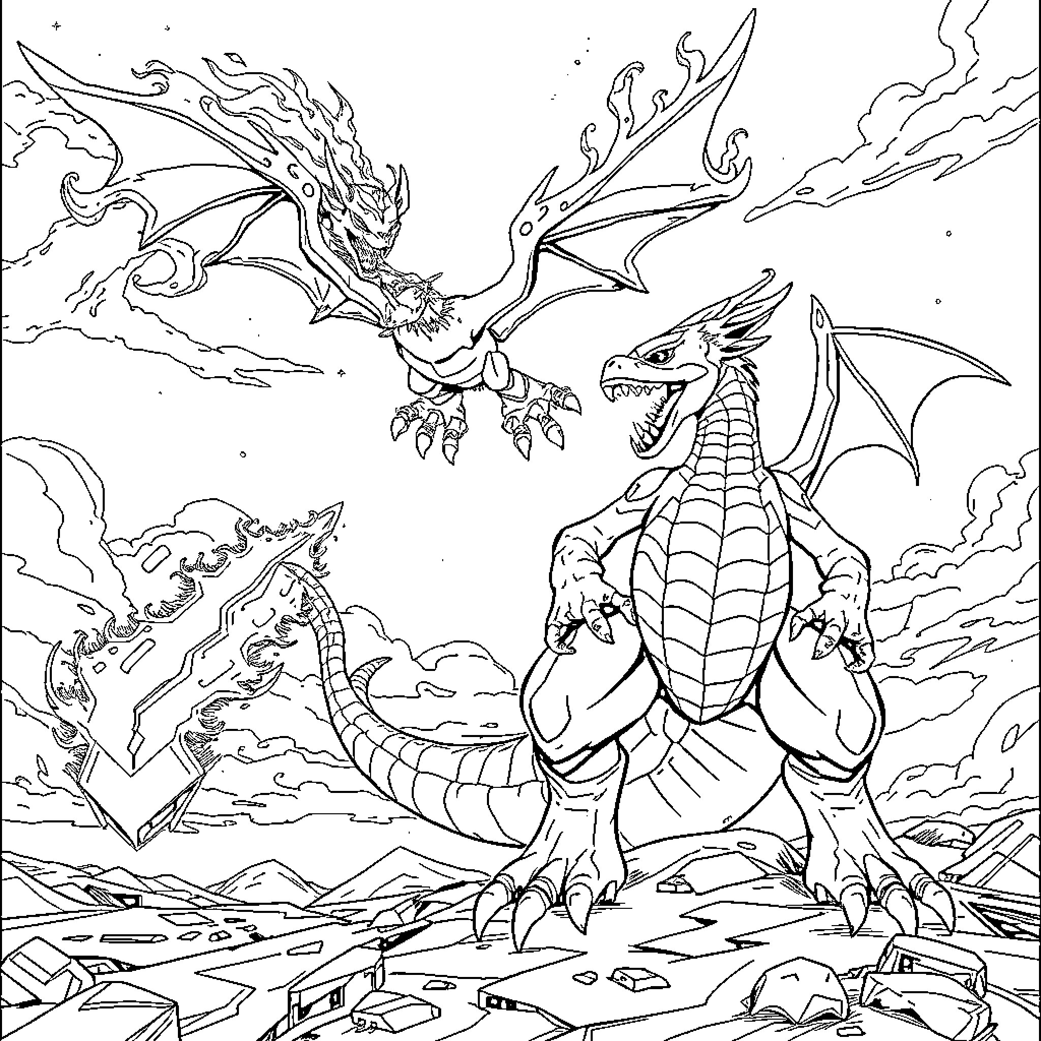Glurak: Fierce Dragons in Dramatic Battle Coloring Page (free black-and-white line drawing printable PDF for all, from beginners to advanced learners, including children, teens, adults, and seniors)