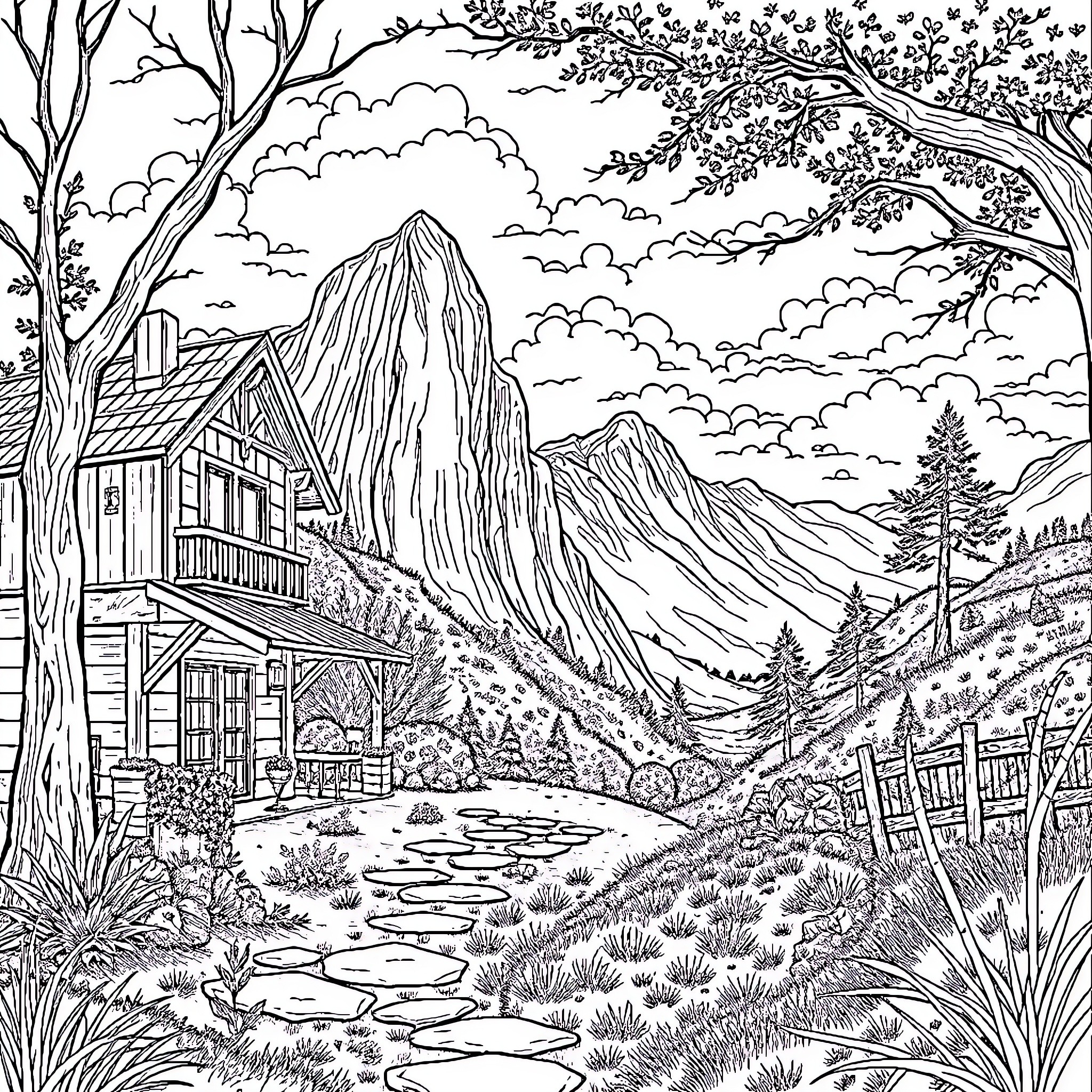Realistic Scenic Landscape with Rustic Cabin and Mountains Coloring Page (free black-and-white line drawing printable PDF for all, from beginners to advanced learners, including children, teens, adults, and seniors)