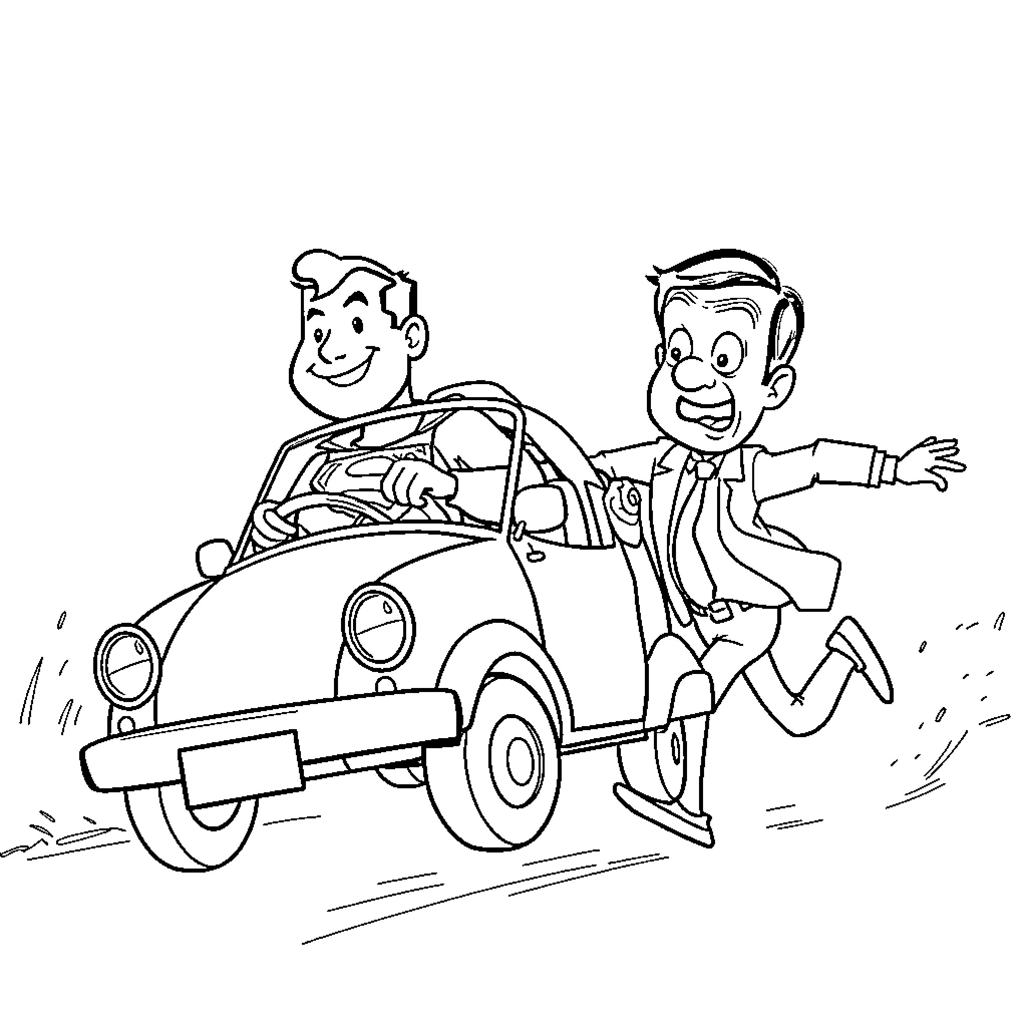 Superman Helping Friend with Car Trouble Coloring Page (free black-and-white line drawing printable PDF for all, from beginners to advanced learners, including children, teens, adults, and seniors)