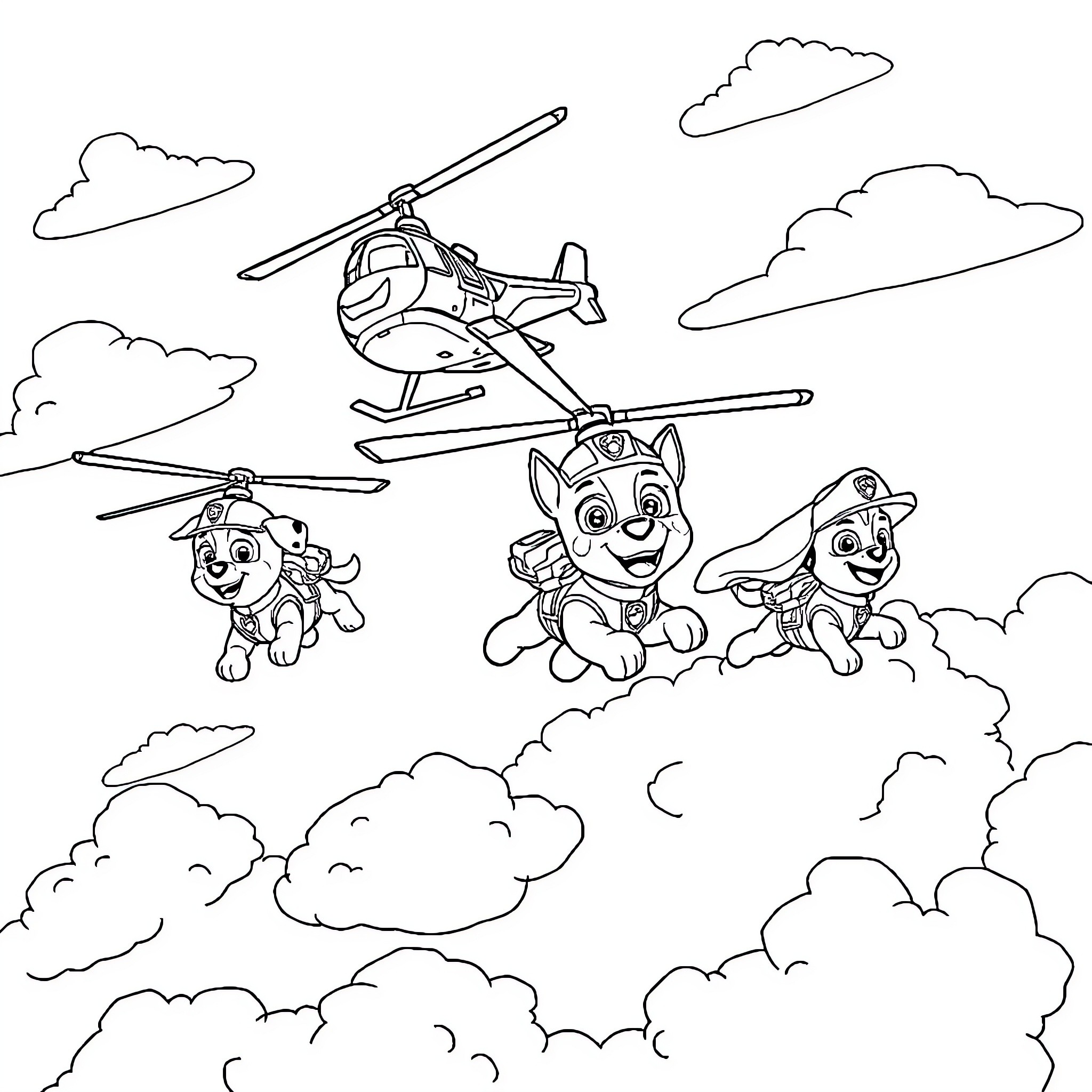 Paw Patrol characters on a rescue mission with a helicopter Coloring Page (free black-and-white line drawing printable PDF for all, from beginners to advanced learners, including children, teens, adults, and seniors)