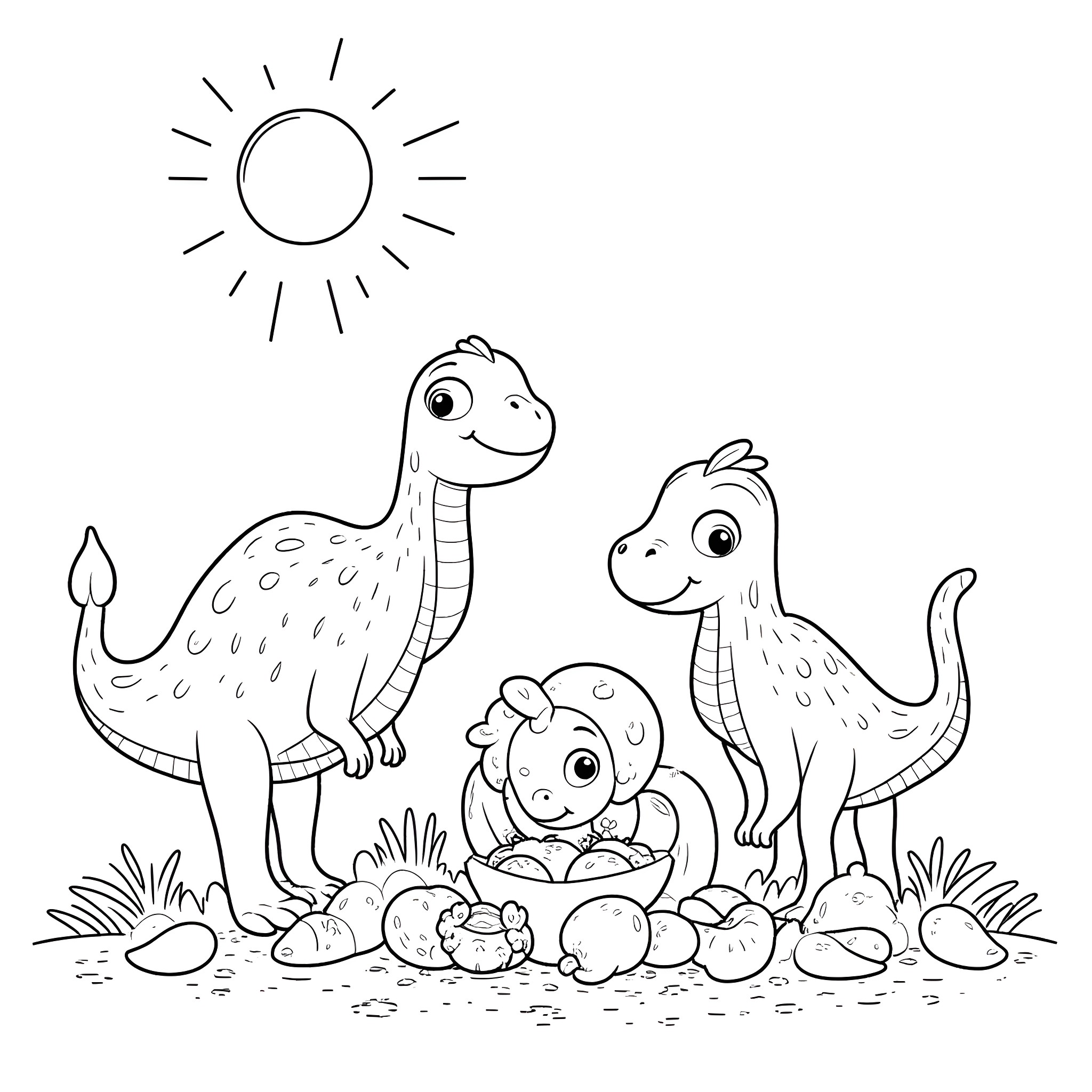 Dinosaur family in a sunny meadow Coloring Page (free black-and-white line drawing printable PDF for all, from beginners to advanced learners, including children, teens, adults, and seniors)