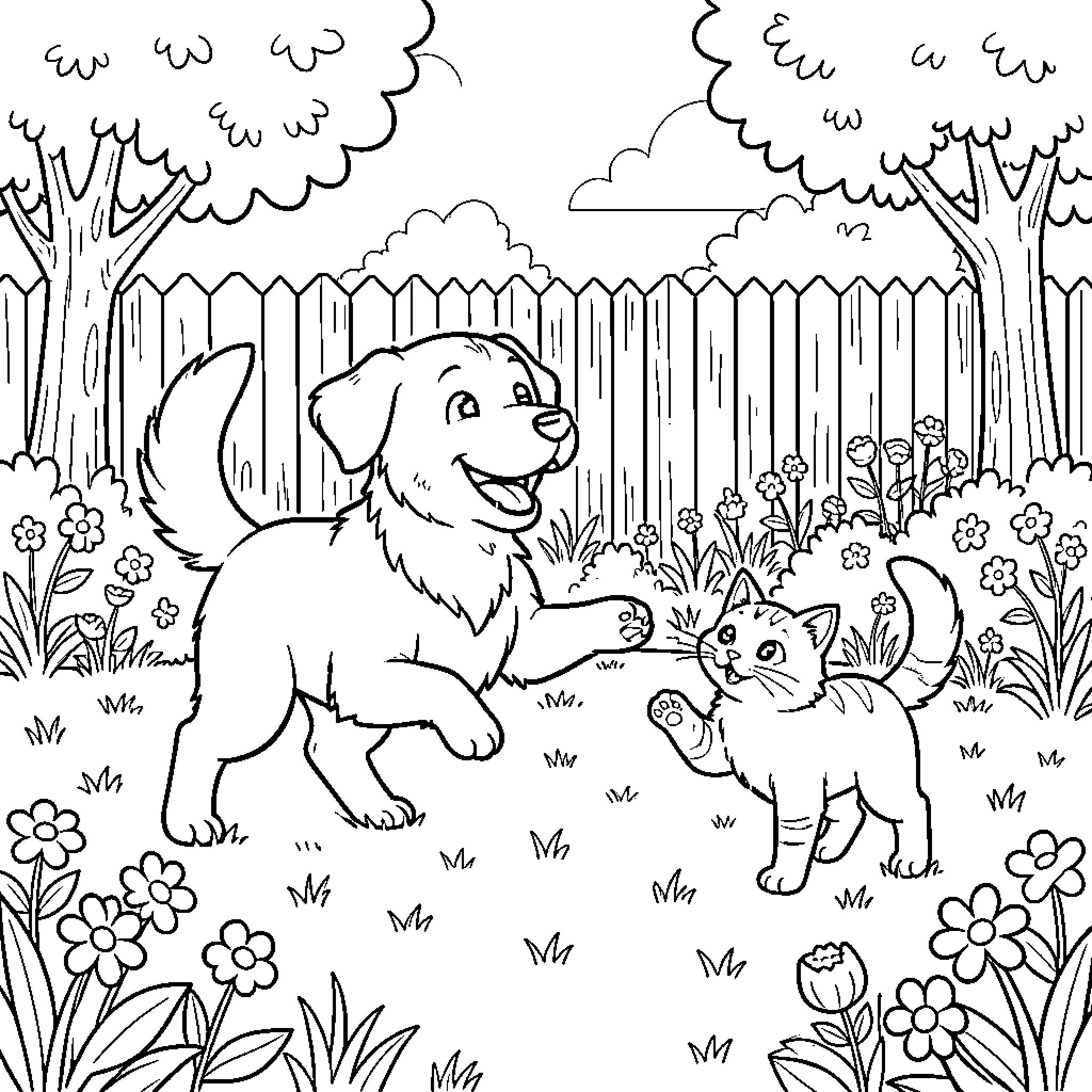 Dog playing joyfully with a kitten in a garden Coloring Page (free black-and-white line drawing printable PDF for all, from beginners to advanced learners, including children, teens, adults, and seniors)
