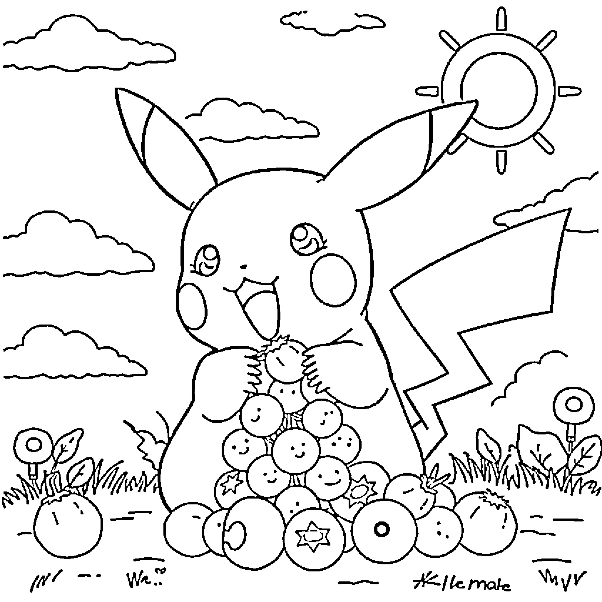 Pikachu playing with Pokeballs in a sunny meadow Coloring Page (free black-and-white line drawing printable PDF for all, from beginners to advanced learners, including children, teens, adults, and seniors)