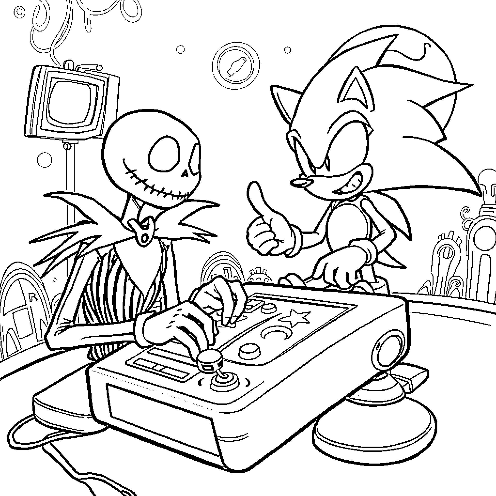 Jack Skellington and Sonic playing video games Coloring Page (free black-and-white line drawing printable PDF for all, from beginners to advanced learners, including children, teens, adults, and seniors)