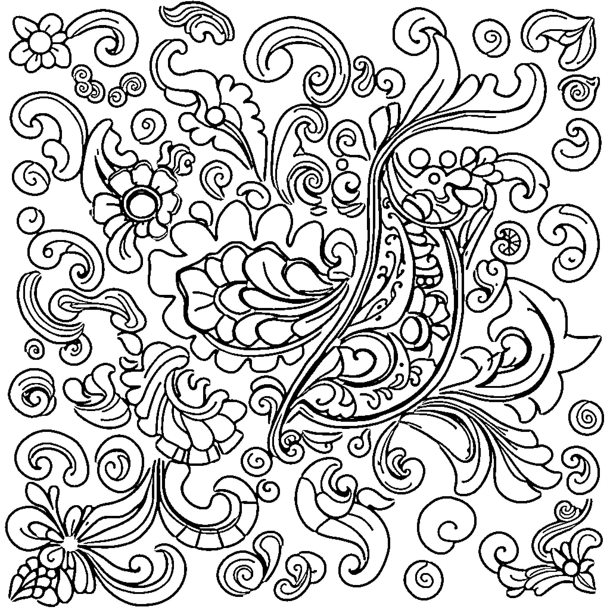 Paisley Floral Designs and Patterns Coloring Page (free black-and-white line drawing printable PDF for all, from beginners to advanced learners, including children, teens, adults, and seniors)