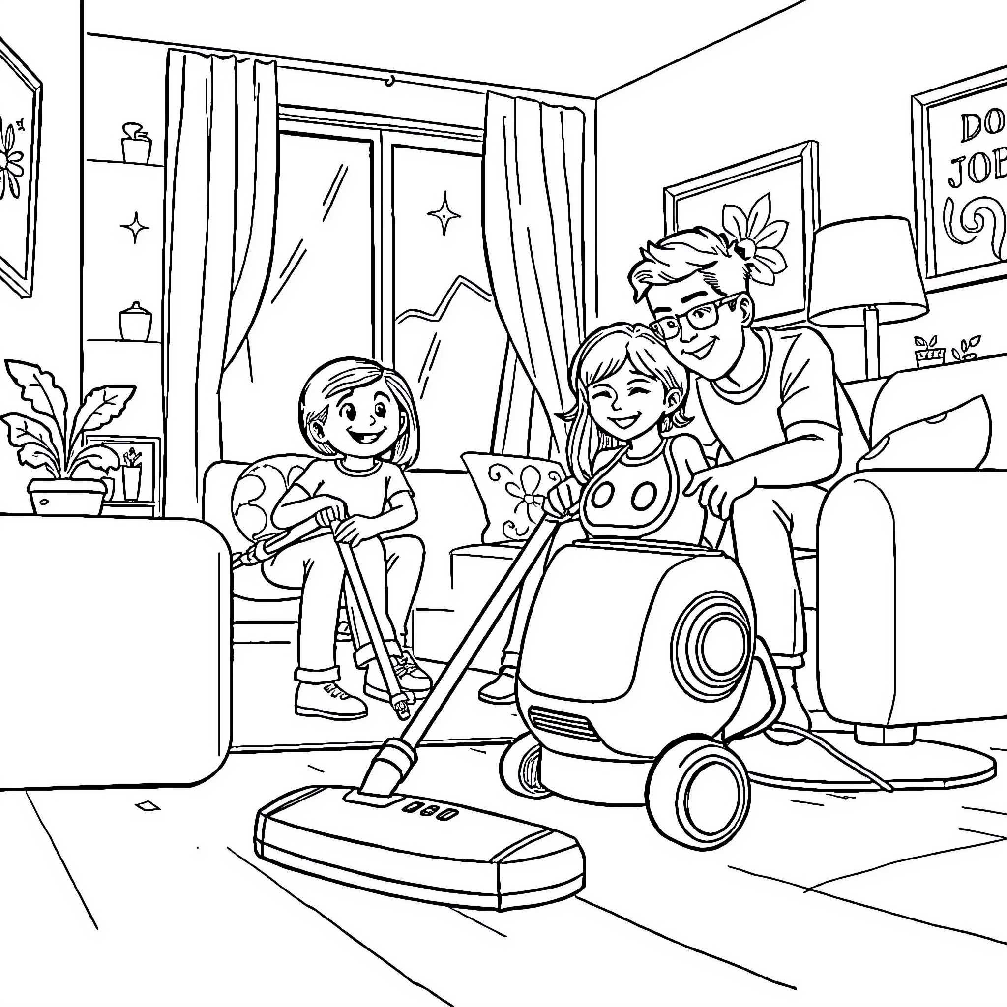 Robot family cleaning and vacuuming in living room Coloring Page (free black-and-white line drawing printable PDF for all, from beginners to advanced learners, including children, teens, adults, and seniors)