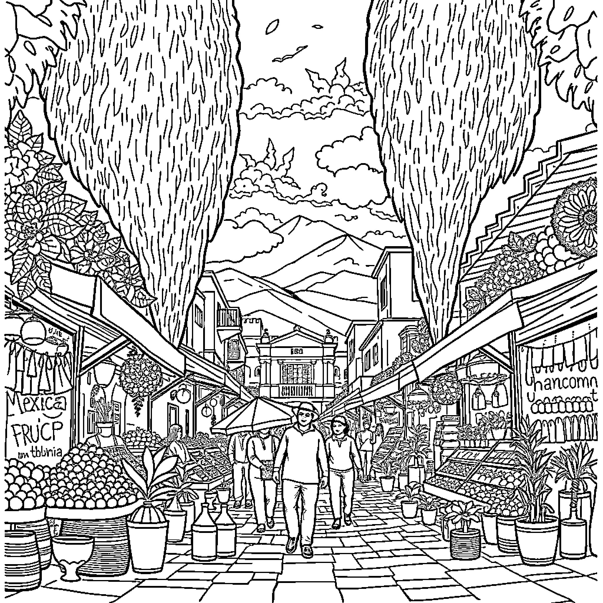 Mexico Marketplace Bustling with Activity Coloring Page (free black-and-white line drawing printable PDF for all, from beginners to advanced learners, including children, teens, adults, and seniors)