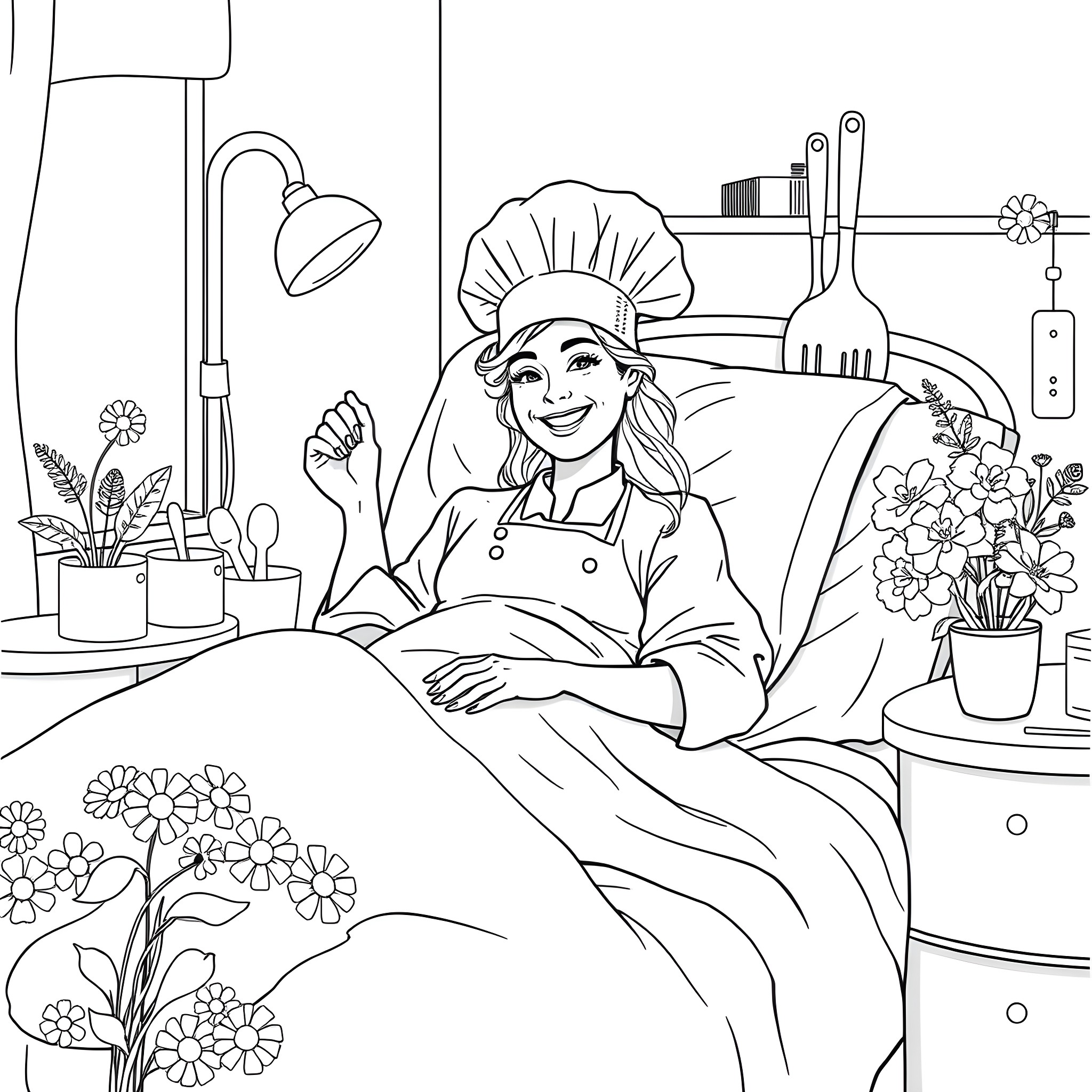 Chef happily cooking in a cozy kitchen Coloring Page (free black-and-white line drawing printable PDF for all, from beginners to advanced learners, including children, teens, adults, and seniors)