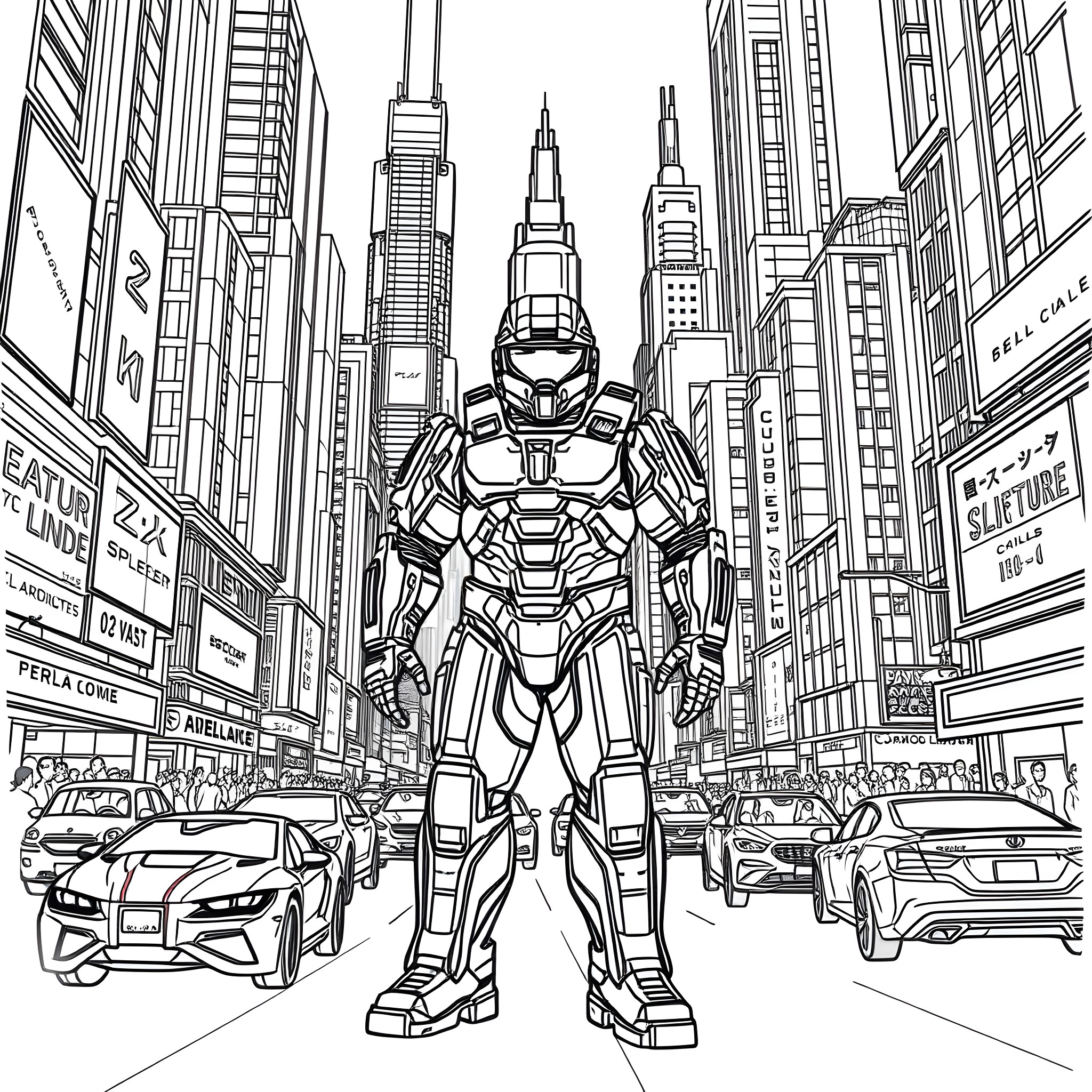 Master Chief stands tall in the bustling city Coloring Page (free black-and-white line drawing printable PDF for all, from beginners to advanced learners, including children, teens, adults, and seniors)