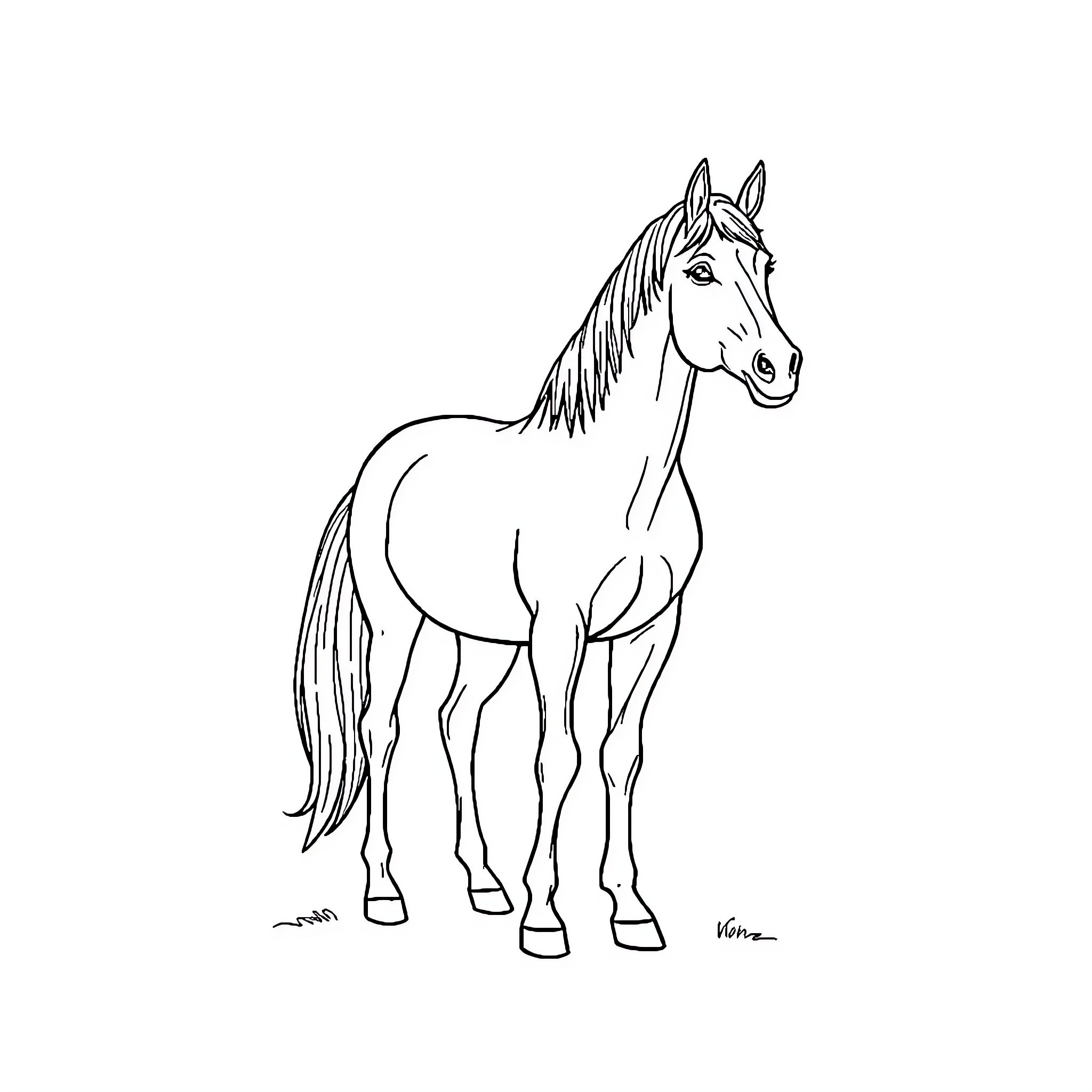 Horse standing tall and proud Coloring Page (free black-and-white line drawing printable PDF for all, from beginners to advanced learners, including children, teens, adults, and seniors)