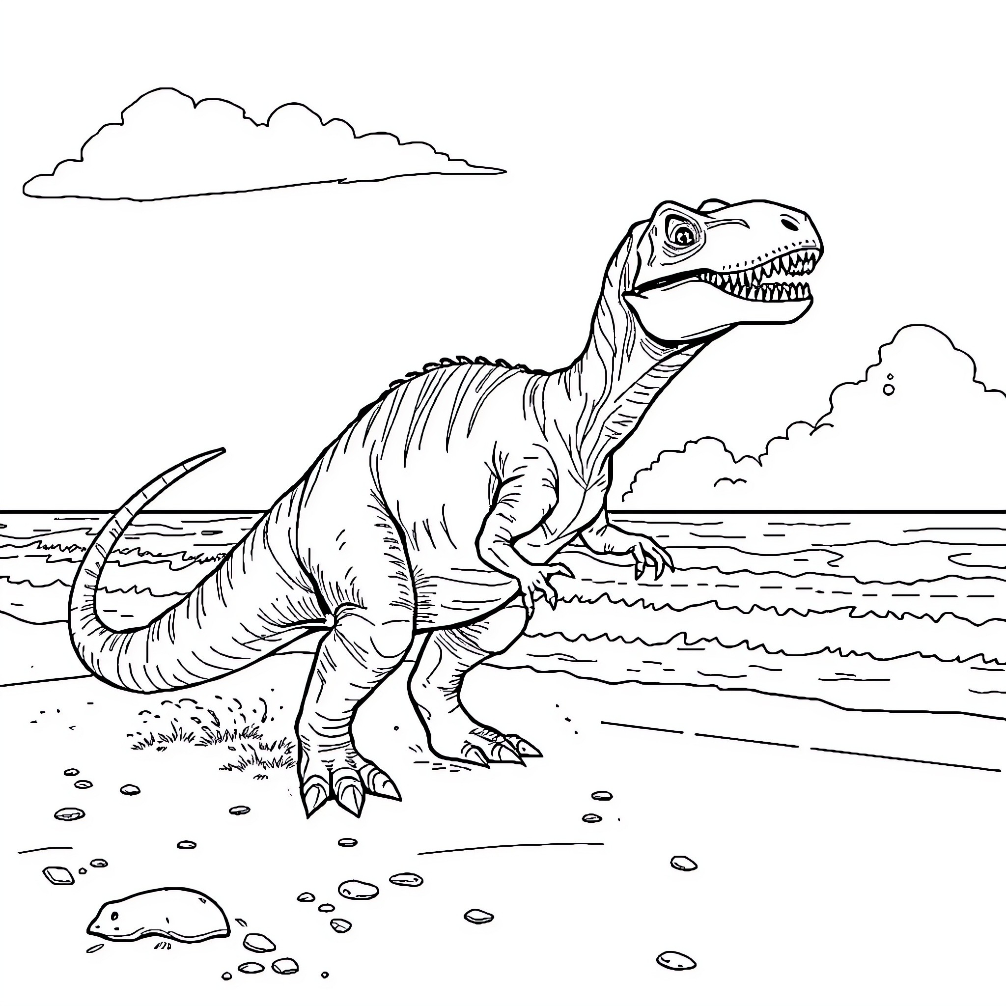 Dinosaur roaming the prehistoric landscape Coloring Page (free black-and-white line drawing printable PDF for all, from beginners to advanced learners, including children, teens, adults, and seniors)