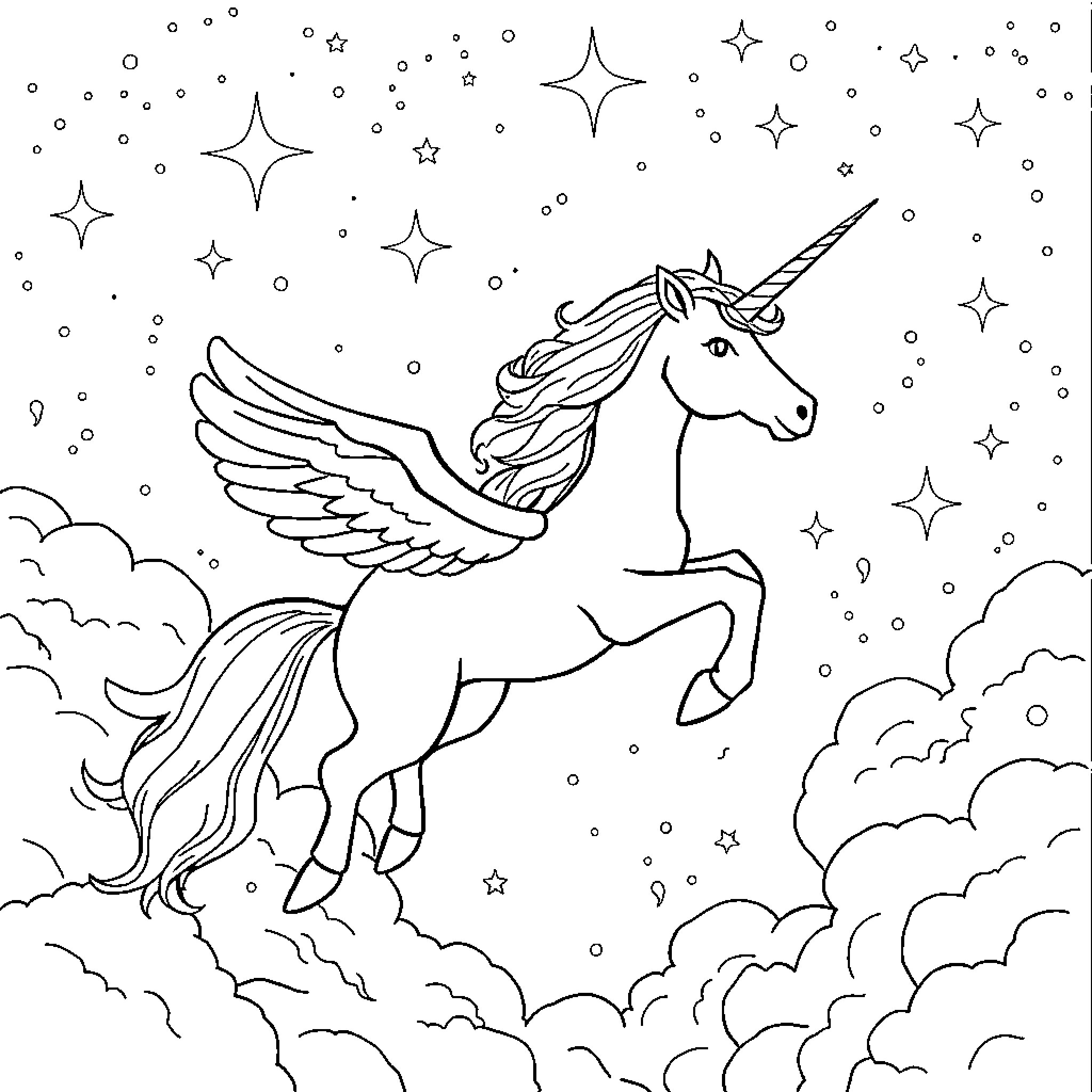 Flying Unicorn soaring through a starry cloudy sky Coloring Page (free black-and-white line drawing printable PDF for all, from beginners to advanced learners, including children, teens, adults, and seniors)
