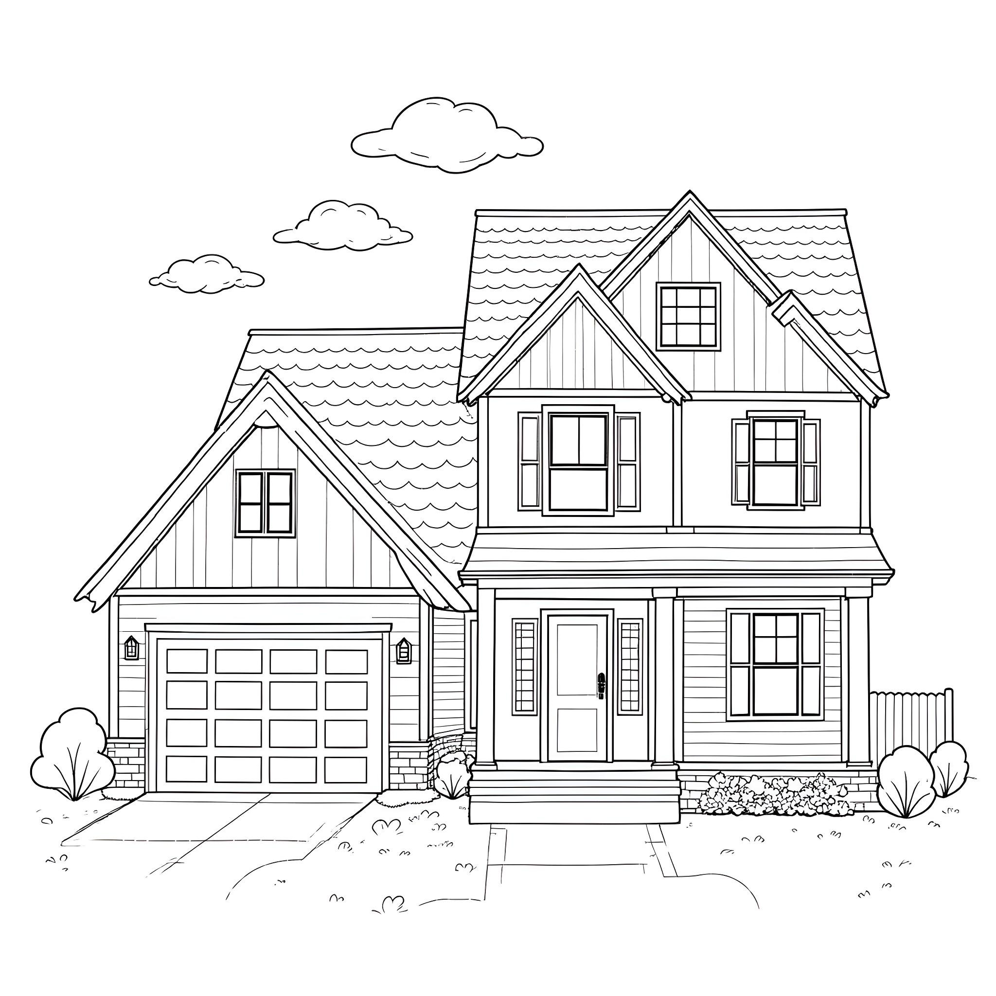 Home with traditional exterior design Coloring Page (free black-and-white line drawing printable PDF for all, from beginners to advanced learners, including children, teens, adults, and seniors)