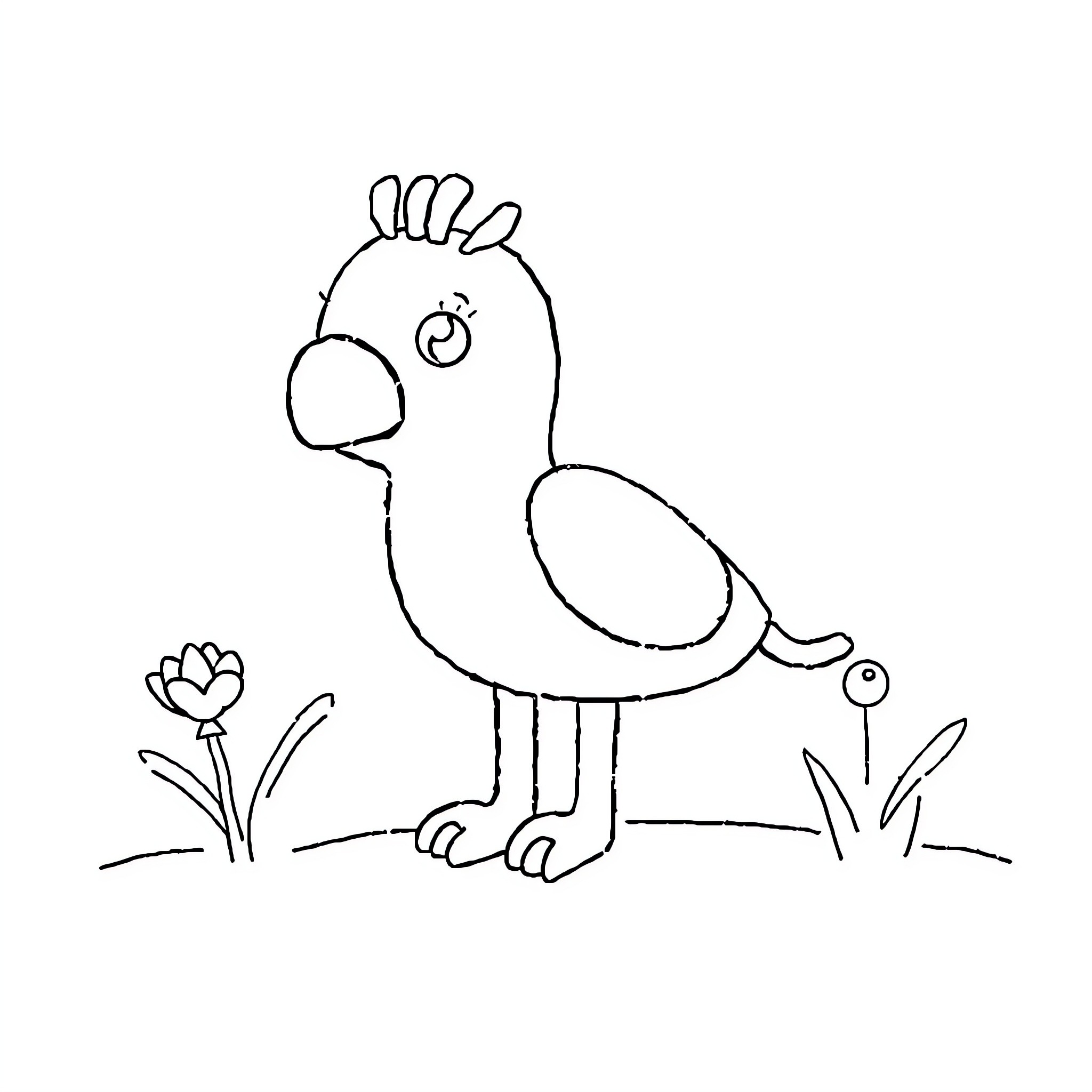 Drawing of a playful chicken in a garden Coloring Page (free black-and-white line drawing printable PDF for all, from beginners to advanced learners, including children, teens, adults, and seniors)