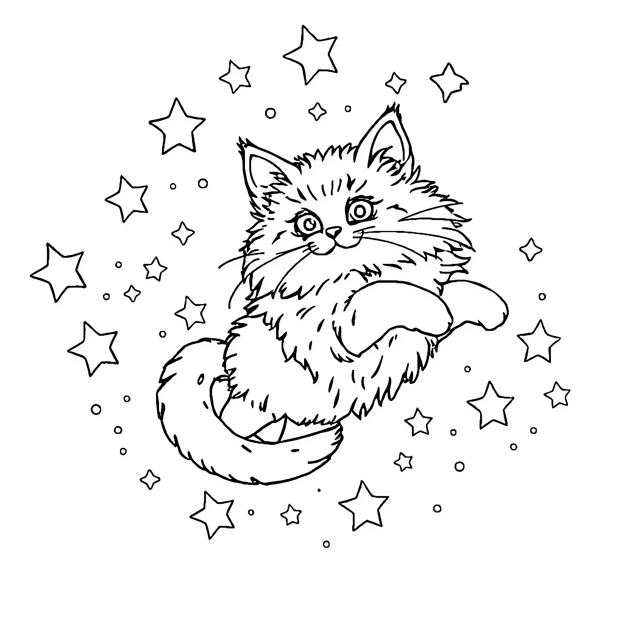 Cat surrounded by magical stars Coloring Page (free black-and-white line drawing printable PDF for all, from beginners to advanced learners, including children, teens, adults, and seniors)