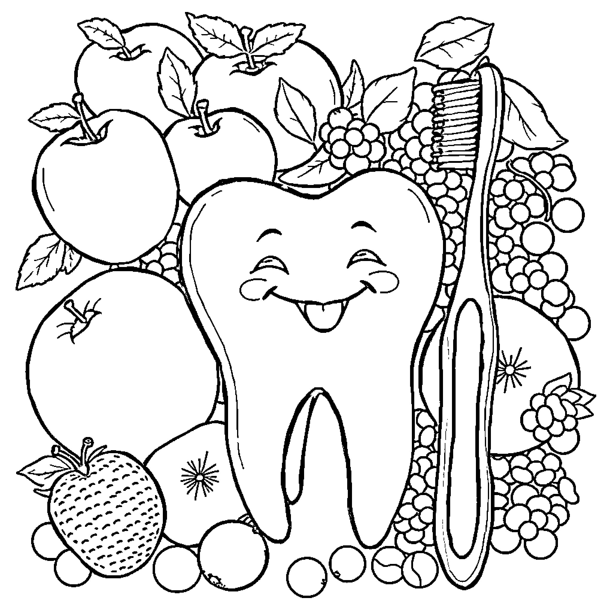 Tooth surrounded by happy fruits and toothbrush Coloring Page (free black-and-white line drawing printable PDF for all, from beginners to advanced learners, including children, teens, adults, and seniors)