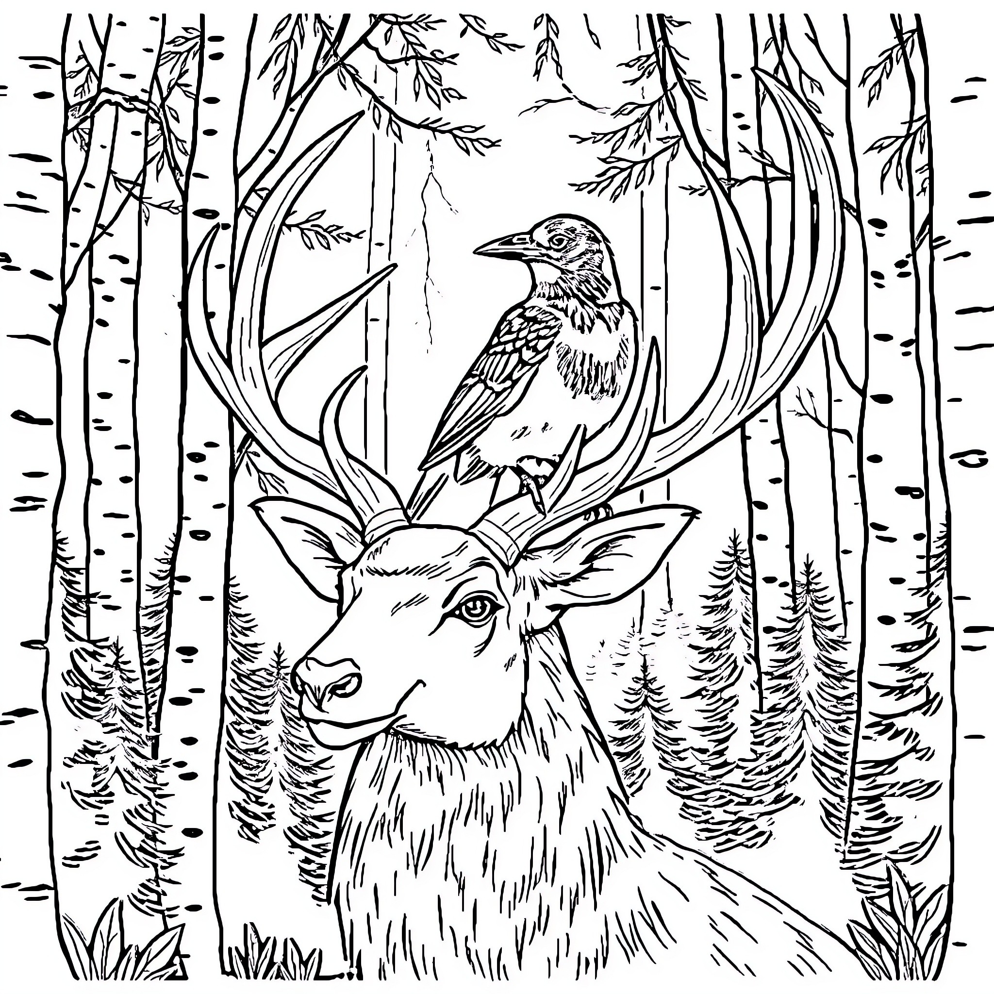 Crow perched on a deer in a forest Coloring Page (free black-and-white line drawing printable PDF for all, from beginners to advanced learners, including children, teens, adults, and seniors)