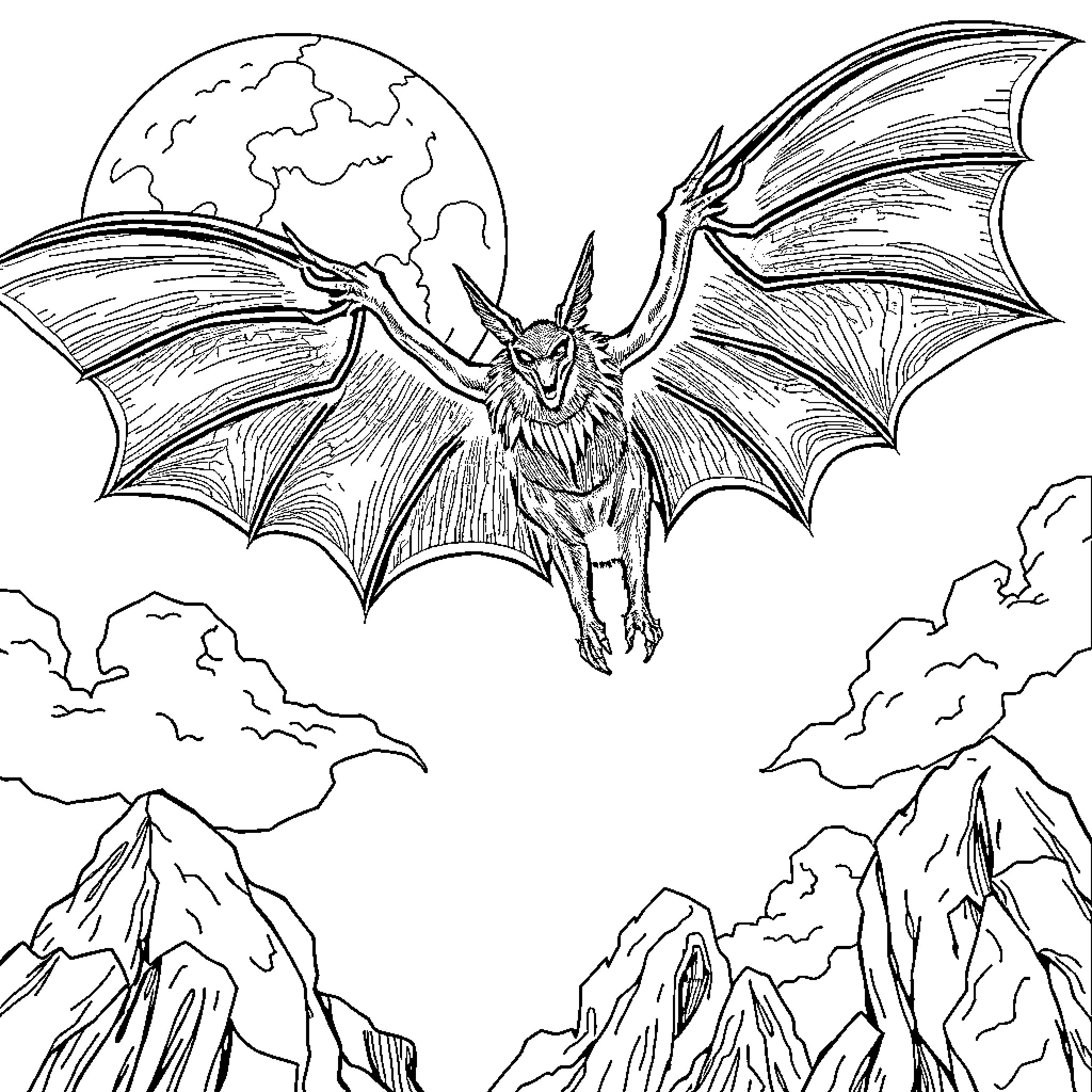 Mothman soaring over the mountainous landscape Coloring Page (free black-and-white line drawing printable PDF for all, from beginners to advanced learners, including children, teens, adults, and seniors)