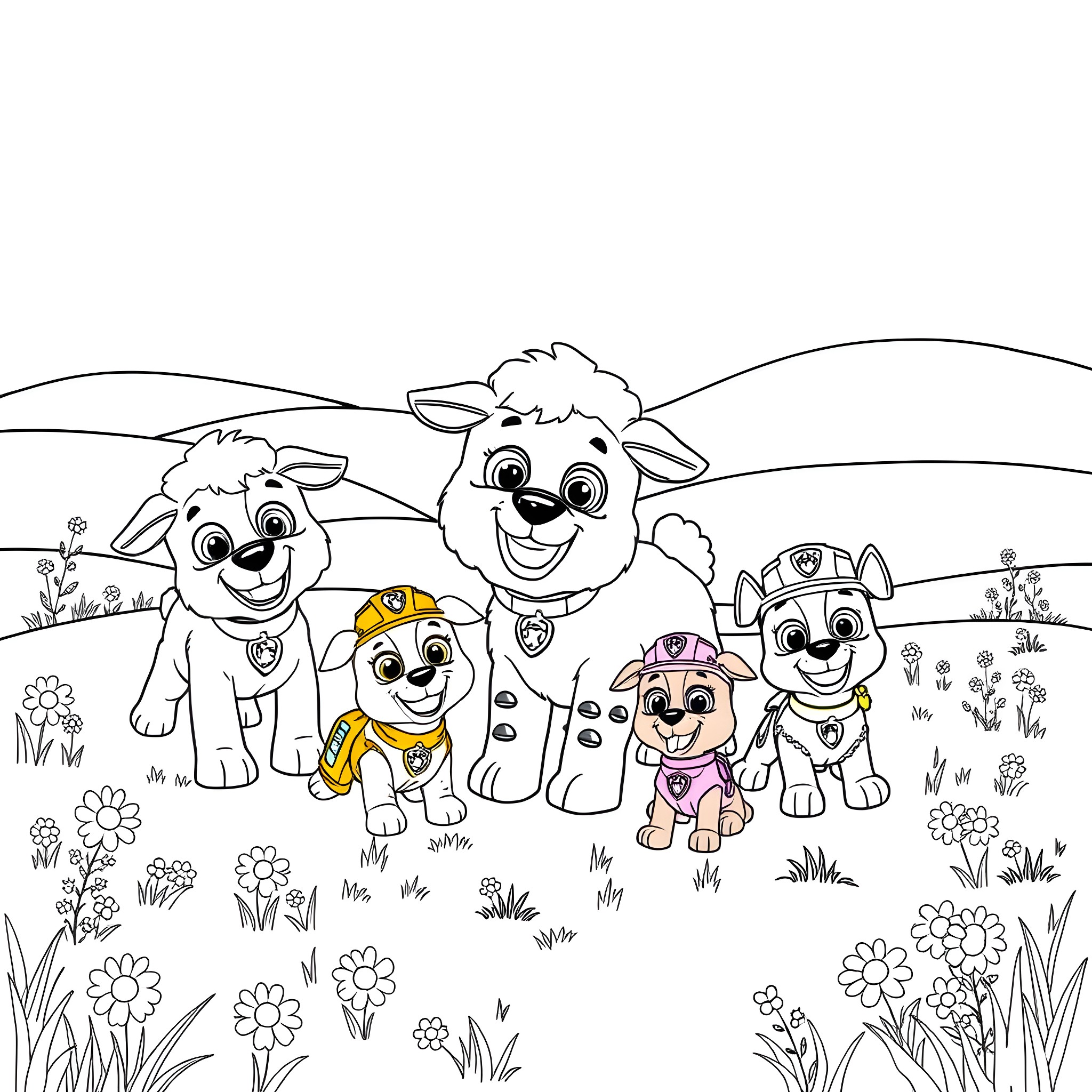 Sheep-shaped puppies frolicking in a meadow Coloring Page (free black-and-white line drawing printable PDF for all, from beginners to advanced learners, including children, teens, adults, and seniors)
