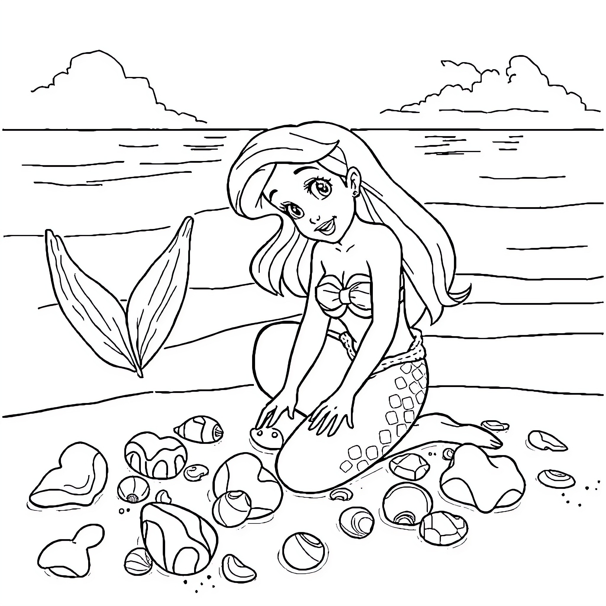 Ariel exploring the beach with marine life Coloring Page (free black-and-white line drawing printable PDF for all, from beginners to advanced learners, including children, teens, adults, and seniors)