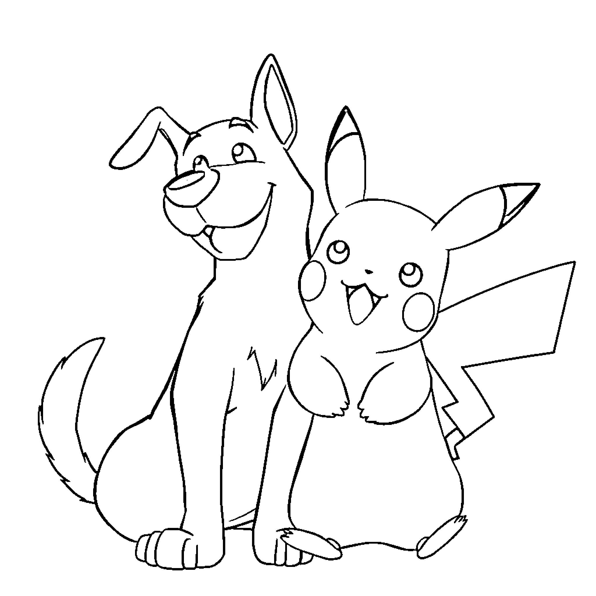 Dog Man and Pikachu's Playful Adventure Coloring Page (free black-and-white line drawing printable PDF for all, from beginners to advanced learners, including children, teens, adults, and seniors)