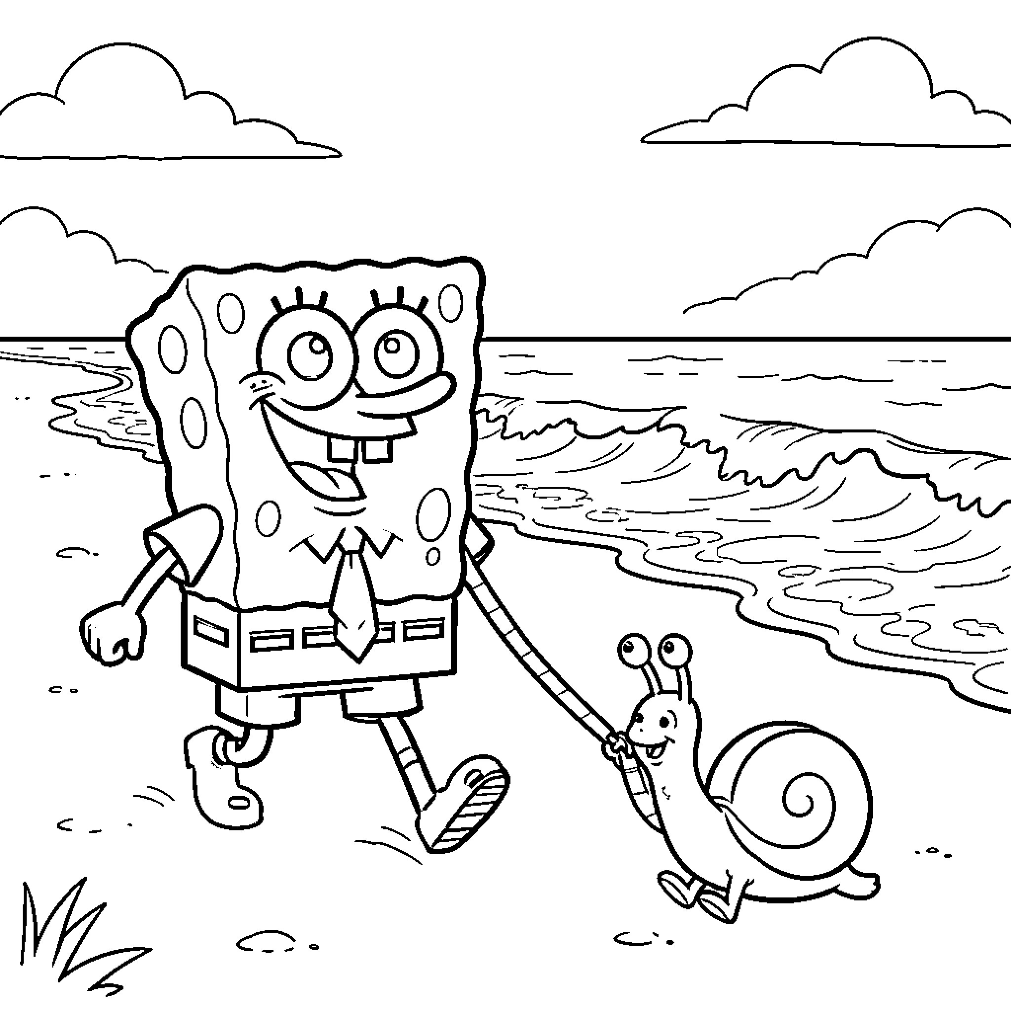 Spongebob explores the beach with his snail friend Coloring Page (free black-and-white line drawing printable PDF for all, from beginners to advanced learners, including children, teens, adults, and seniors)