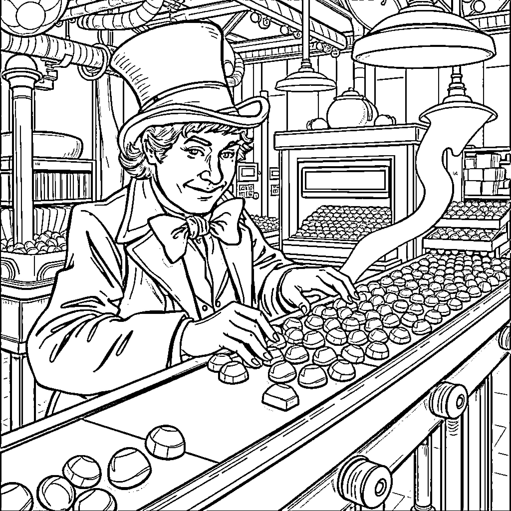 Willy Wonka inspecting his chocolate factory Coloring Page (free black-and-white line drawing printable PDF for all, from beginners to advanced learners, including children, teens, adults, and seniors)