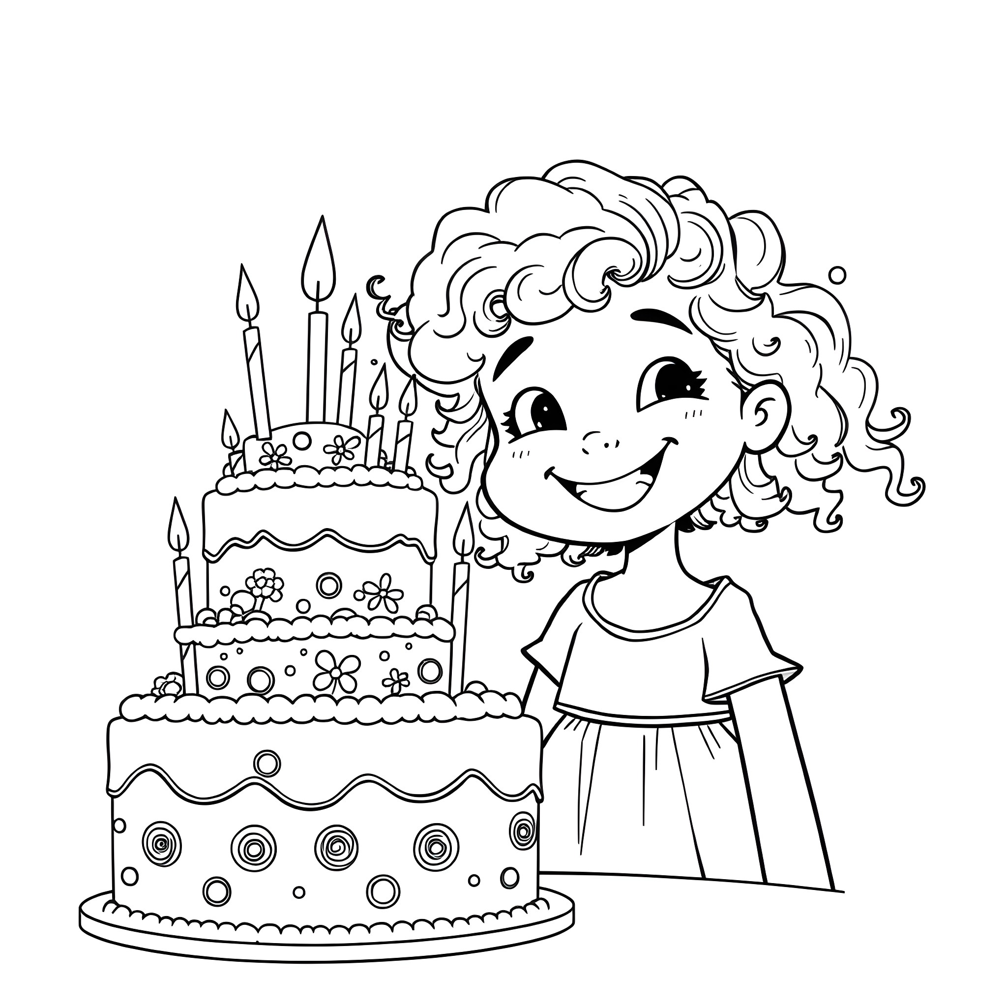 Birthday Cake for a Smiling Girl Coloring Page (free black-and-white line drawing printable PDF for all, from beginners to advanced learners, including children, teens, adults, and seniors)