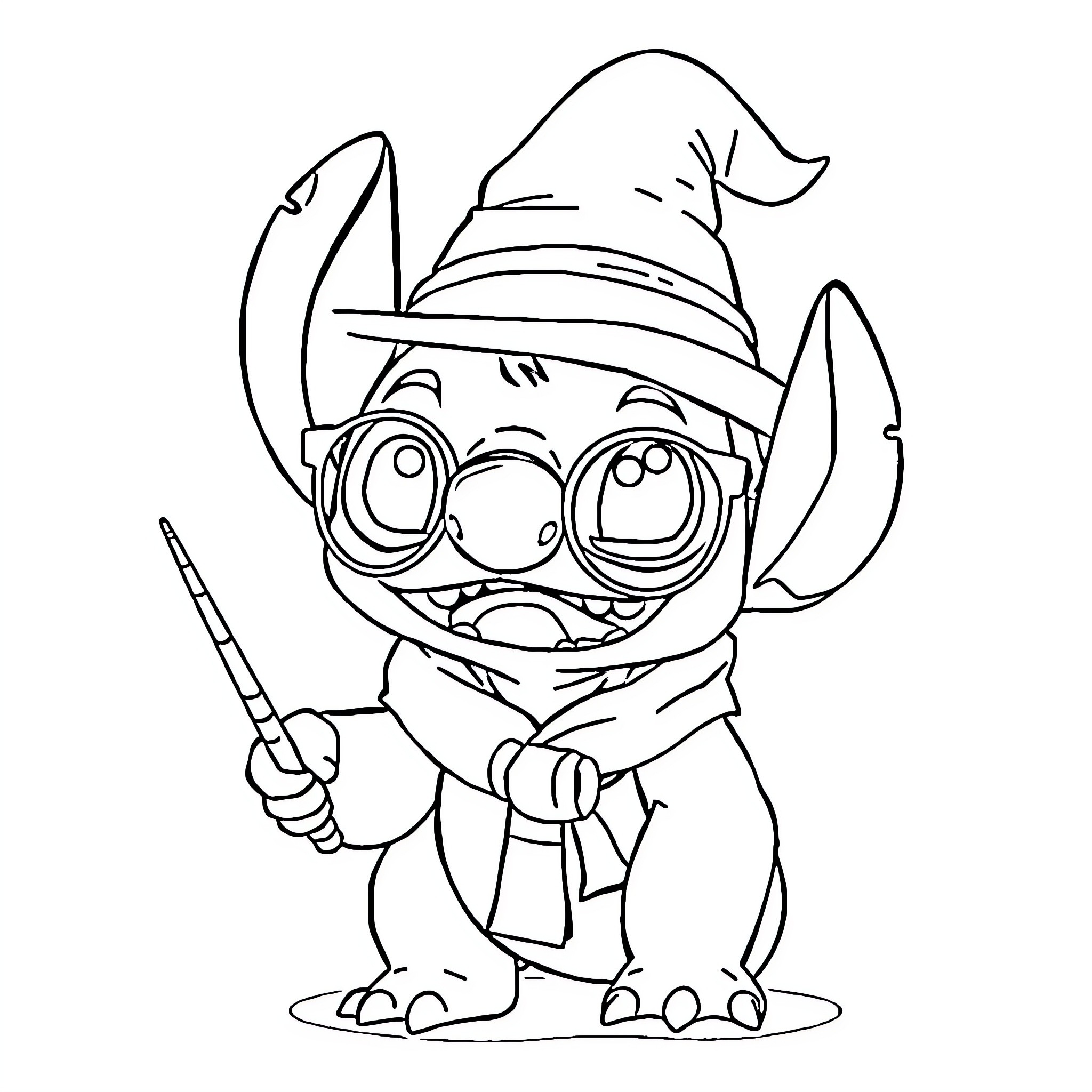 Stitch the Wizard in Training Coloring Page (free black-and-white line drawing printable PDF for all, from beginners to advanced learners, including children, teens, adults, and seniors)