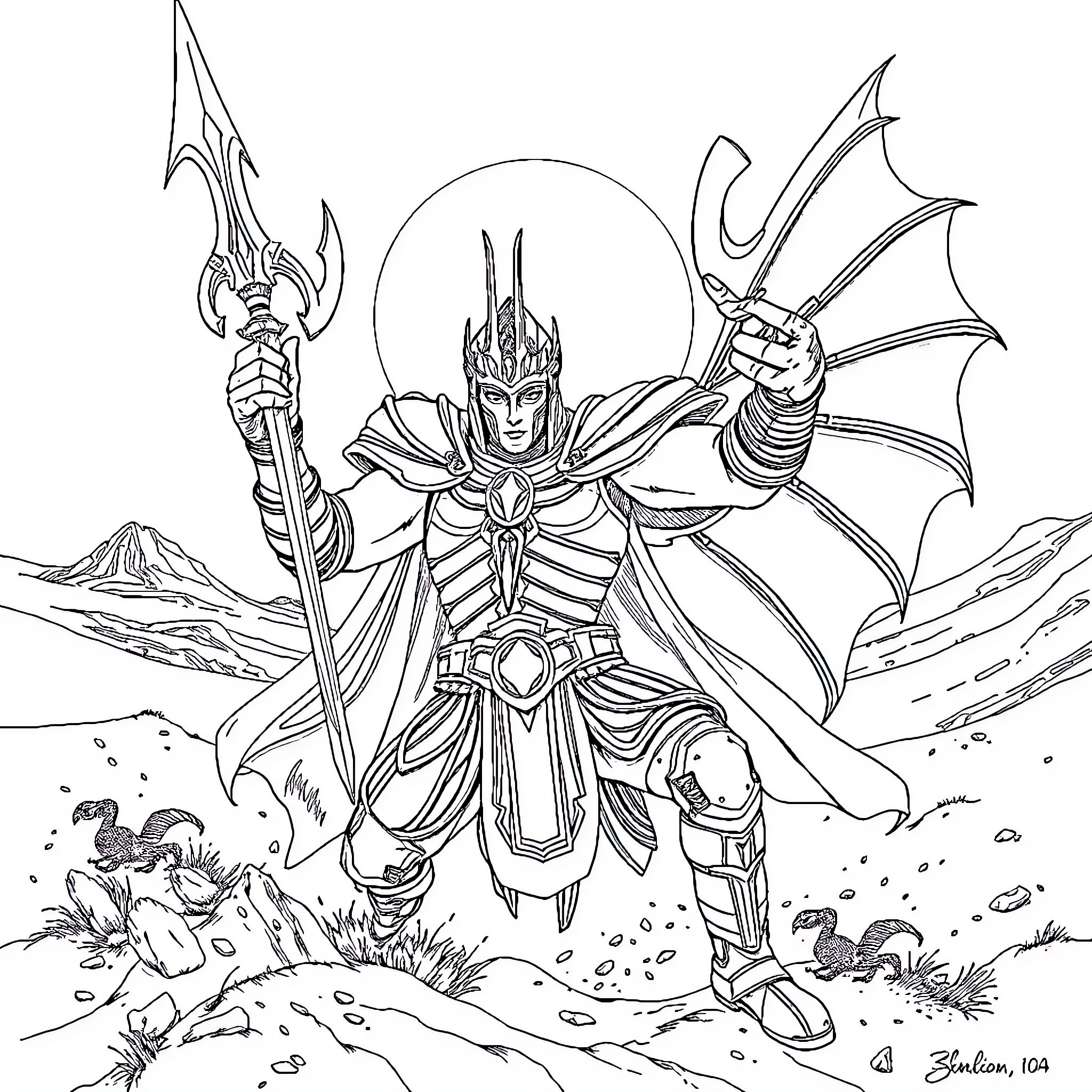 Scorpion King - Armored Warrior Wielding Spear and Commanding Creatures Coloring Page (free black-and-white line drawing printable PDF for all, from beginners to advanced learners, including children, teens, adults, and seniors)