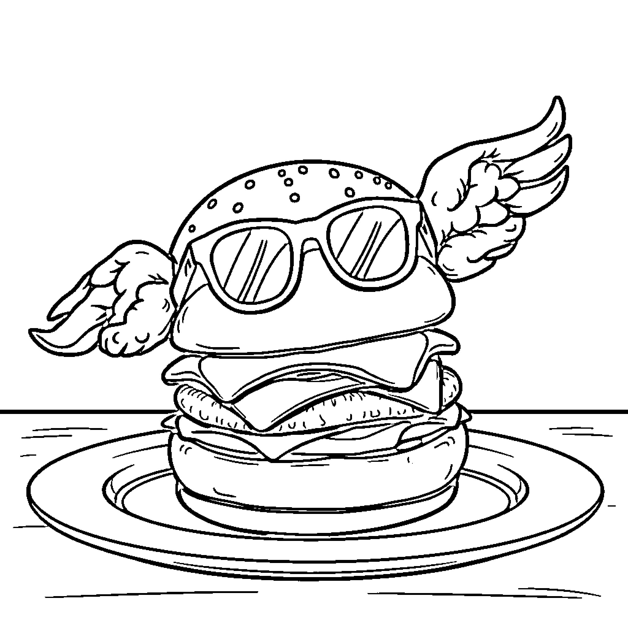 Hamburger wearing sunglasses and wings on a plate Coloring Page (free black-and-white line drawing printable PDF for all, from beginners to advanced learners, including children, teens, adults, and seniors)