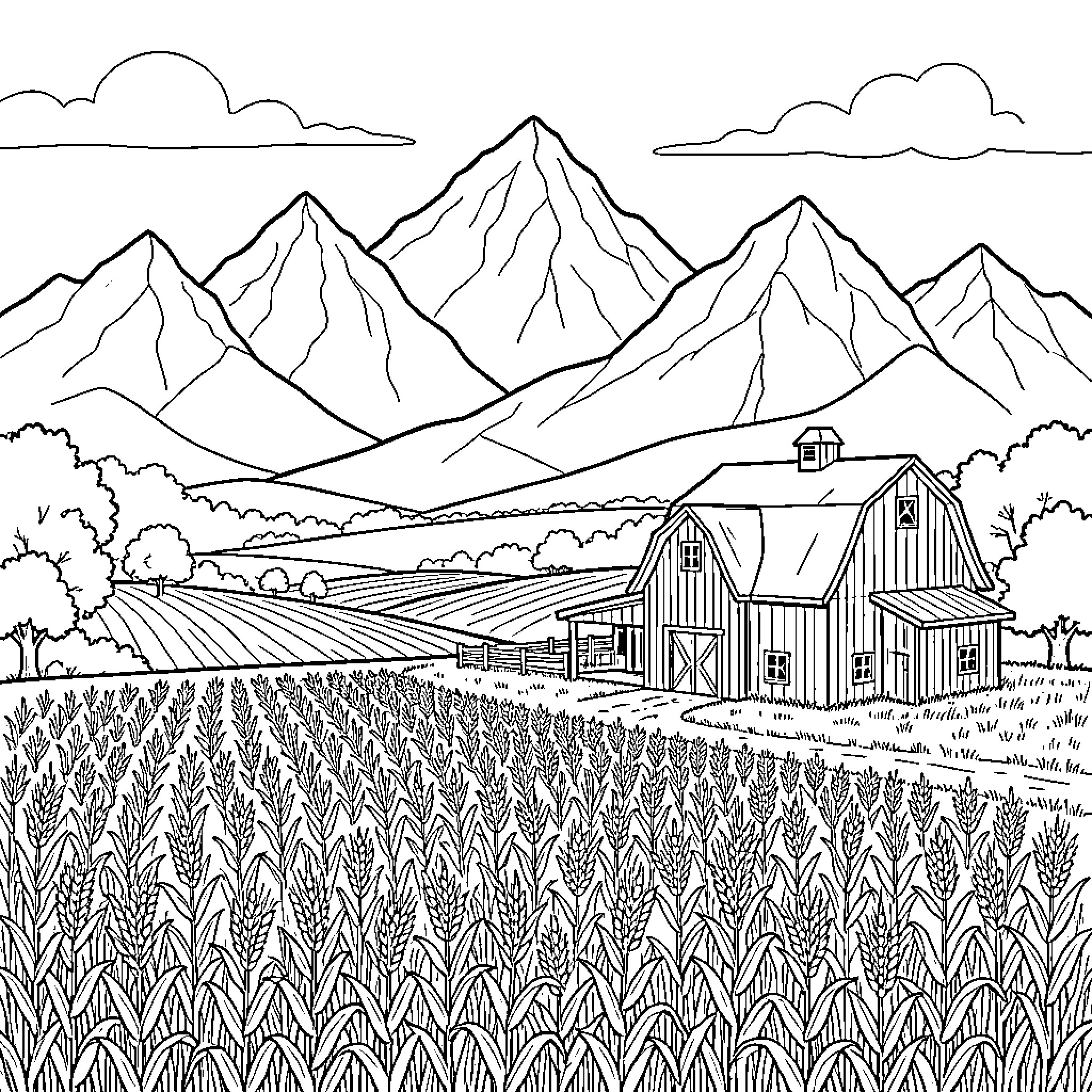 Farm landscape with a large barn and mountains Coloring Page (free black-and-white line drawing printable PDF for all, from beginners to advanced learners, including children, teens, adults, and seniors)