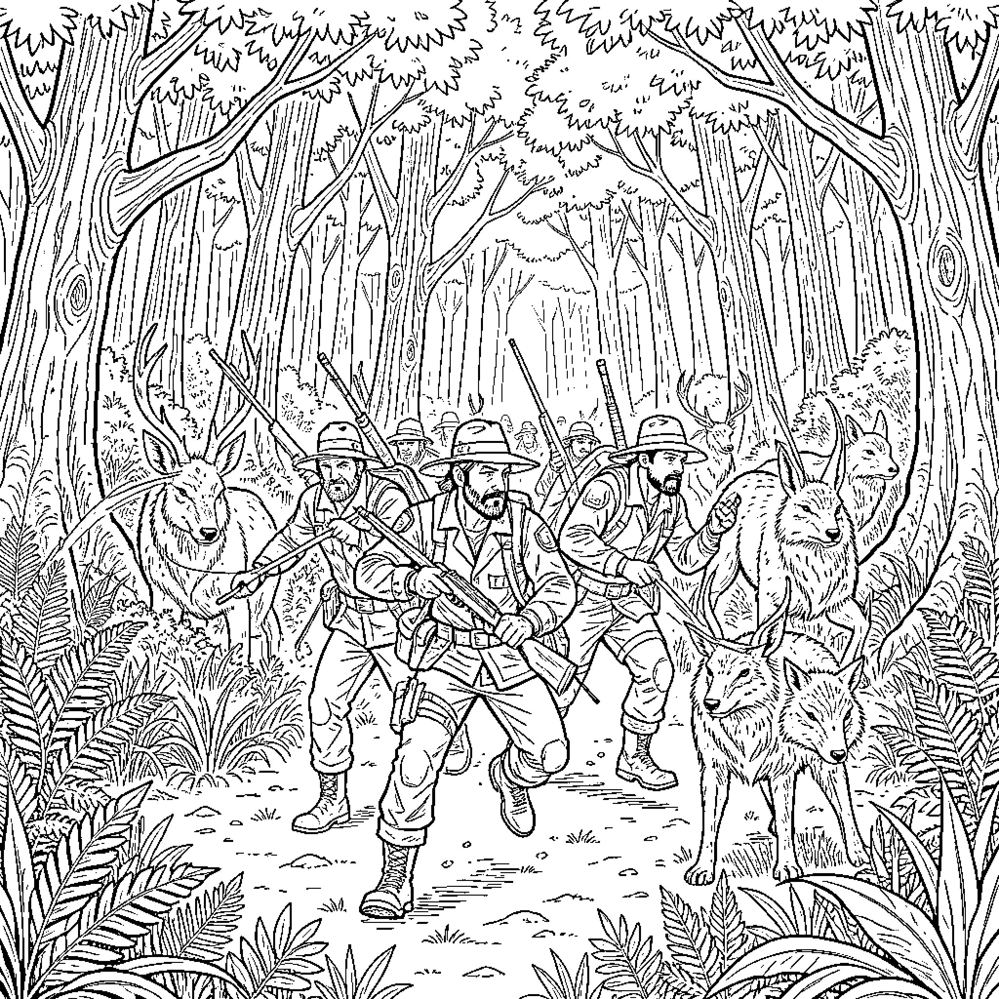 Huntrix hunters trekking through a dense forest Coloring Page (free black-and-white line drawing printable PDF for all, from beginners to advanced learners, including children, teens, adults, and seniors)