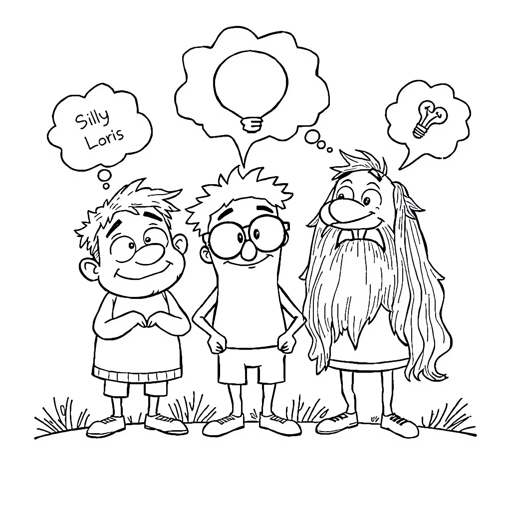 Characters engaging in playful conversation Coloring Page (free black-and-white line drawing printable PDF for all, from beginners to advanced learners, including children, teens, adults, and seniors)